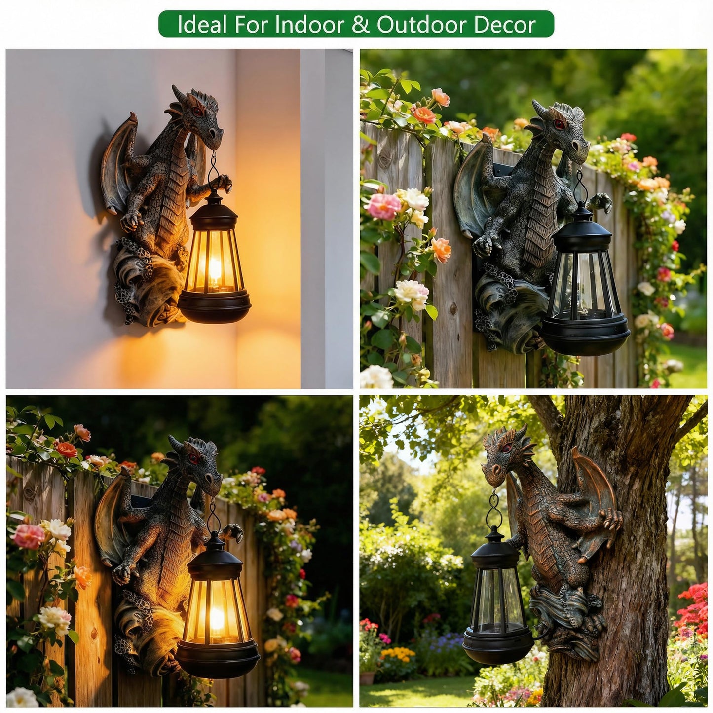 Dragon Statue Garden Decor with Solar Light - 10.43 Inch Outdoor Garden Statues for Balcony Yard Art Lawn Ornaments, Gardening Gifts for Women Mom Grandma