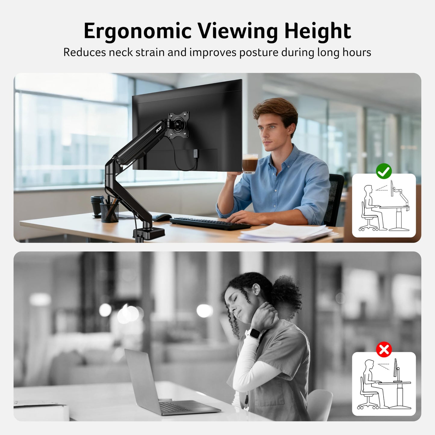 Acer Single Monitor Arm, 17 to 34 Inch Gas Spring Monitor Stand, Adjustable Desk Mount with VESA 75/100mm, C-Clamp/Grommet Base for 4.4 to 19.8lbs LCD Monitor