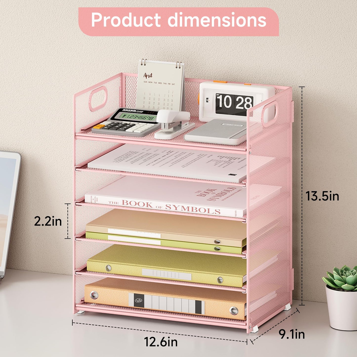 Marbrasse 6 Tier Desk Organizer, File Organizer with Handle, Mesh A4 Paper Organizer, Letter Tray for Office, Home or School (Pink)
