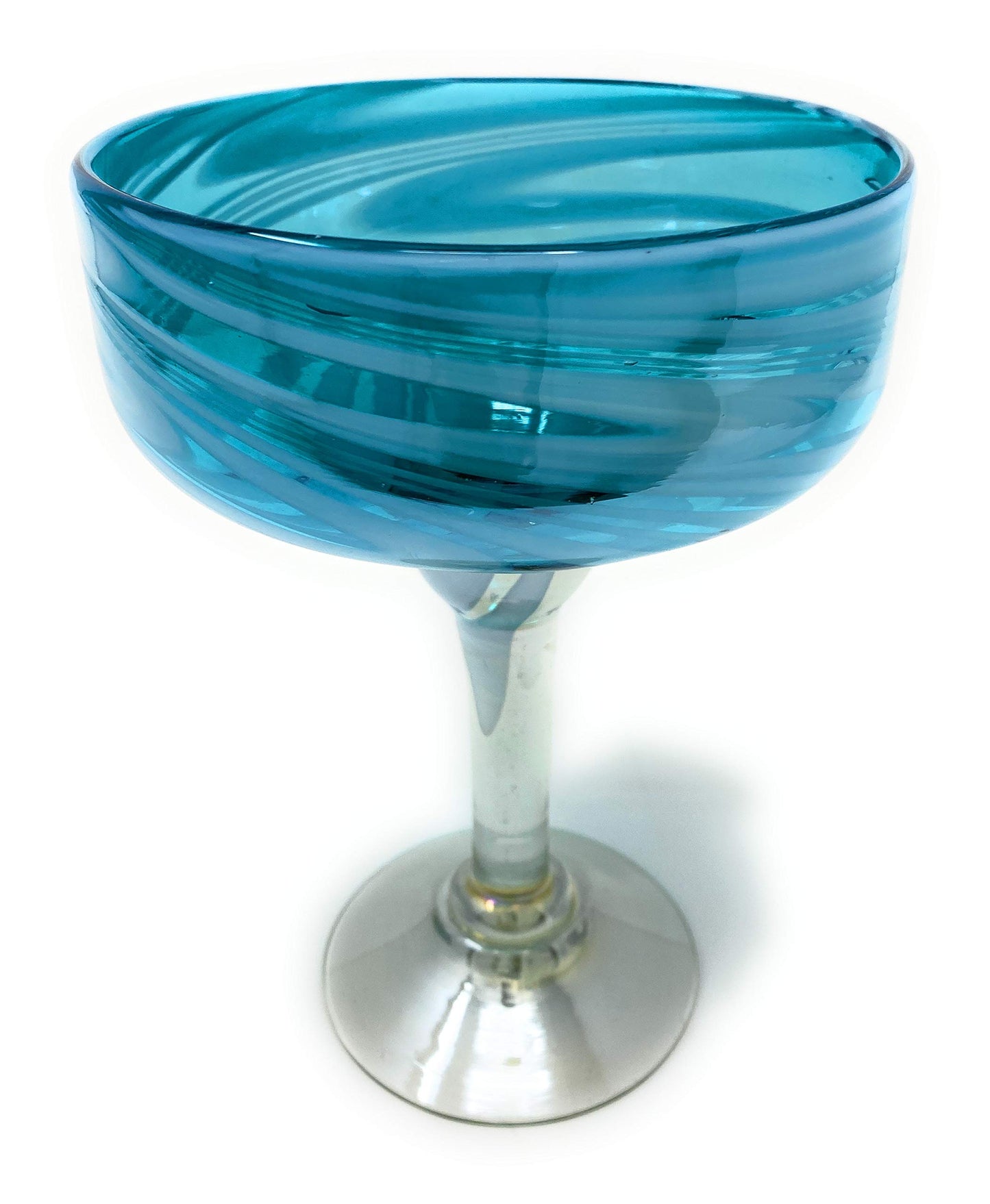 Dos Sueños Mexican Hand Blown Glass â€“ Set of 4 Hand Blown Margarita Glasses Aqua Swirl (16 oz)