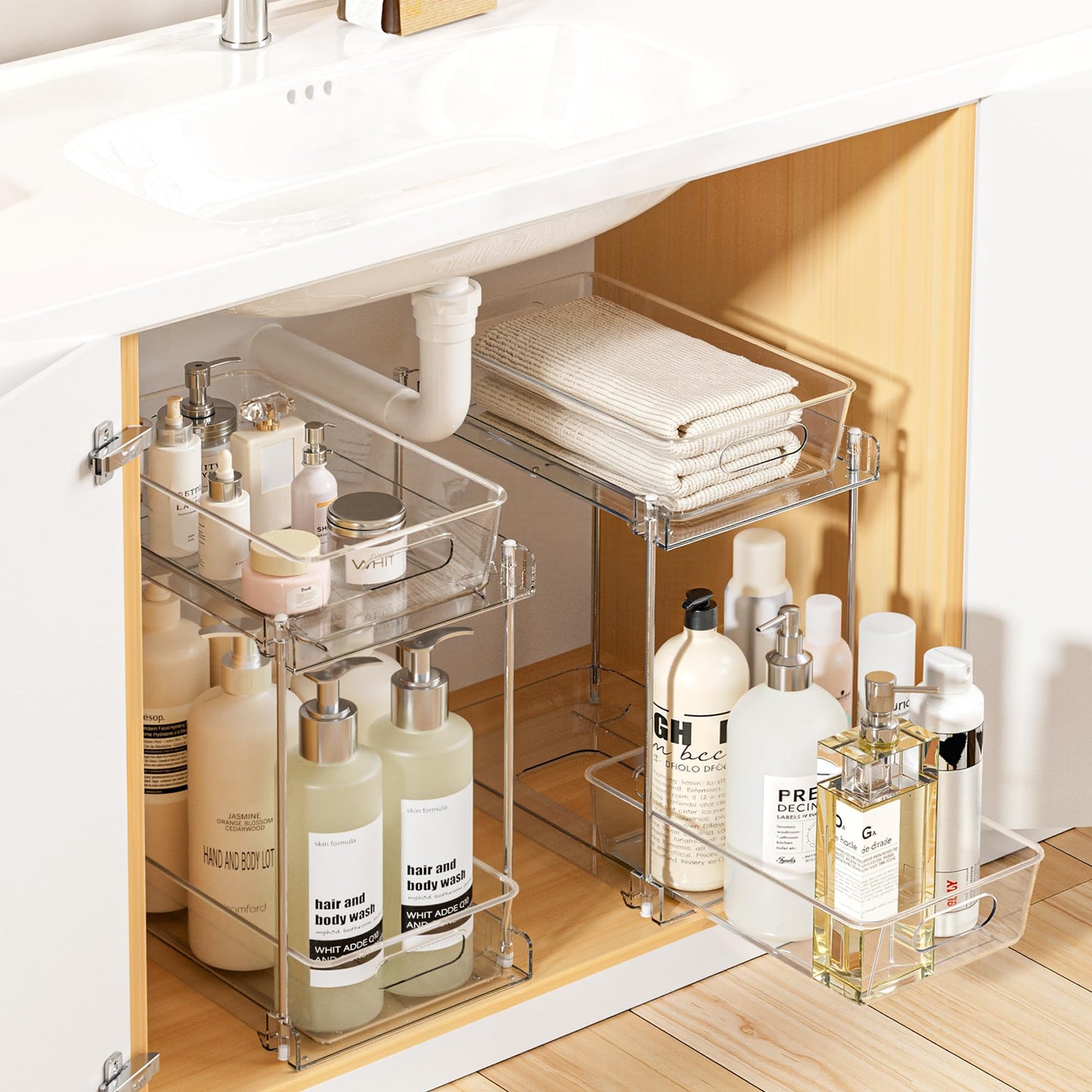 Vtopmart 2 Pack Higher Bathroom Organizer, 2 Tier White Under Sink Organizers Vanity Countertop Storage Container,Cabinet Drawers Bins, Pull-Out Organization with Track for Pantry, Kitchen