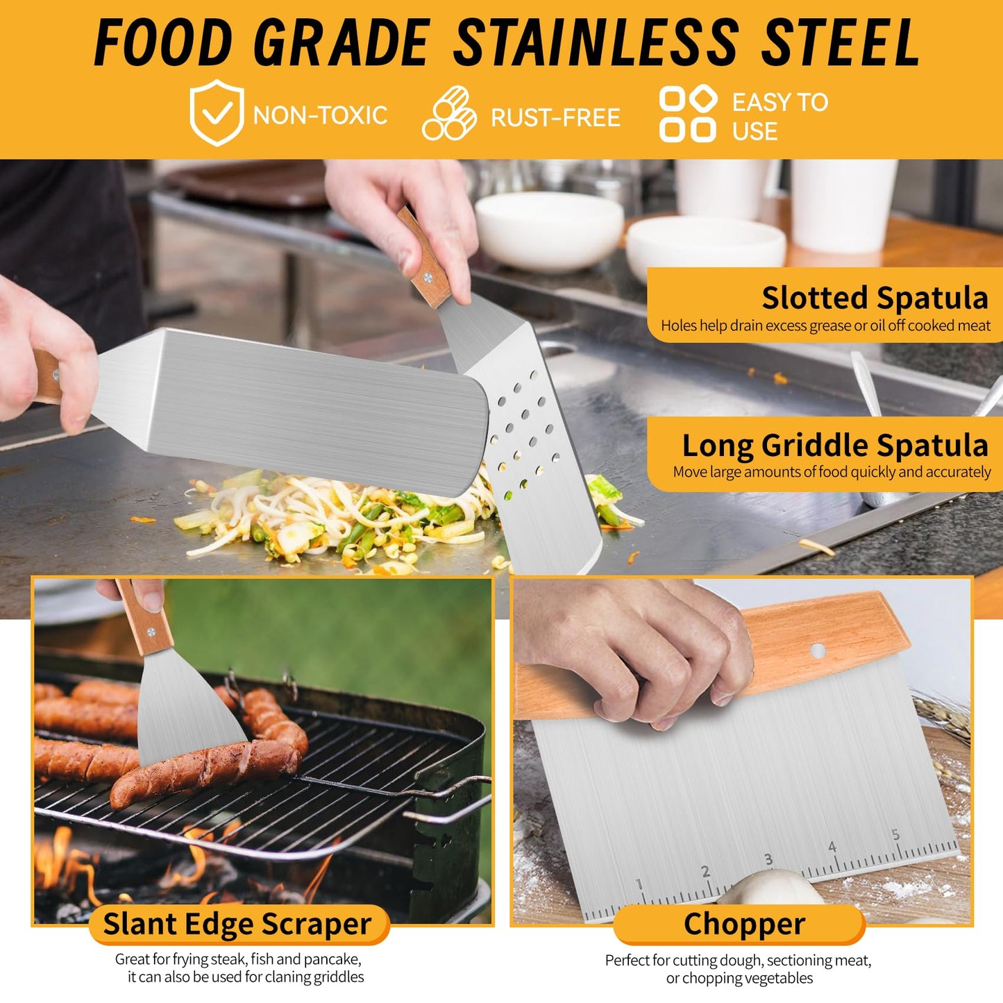 Onlyflame 29PCS Professional BBQ Griddle Tool Kit for Flat Top Grill Blackstone and Camp Chef - Stainless Steel Griddle Spatulas Accessories Kit with Basting Cover, Carry Bag and More Tools