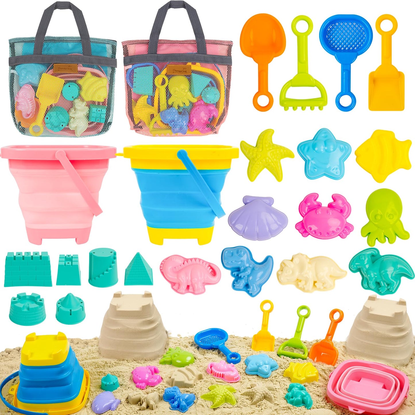 Kids Beach Sand Toys with 2 Collapsible Buckets Animal and Castle Play Sand Molds 2 Mesh Beach Shell Bags, Shovels Set Travel Sandbox Toys for Toddler Ages 3-10