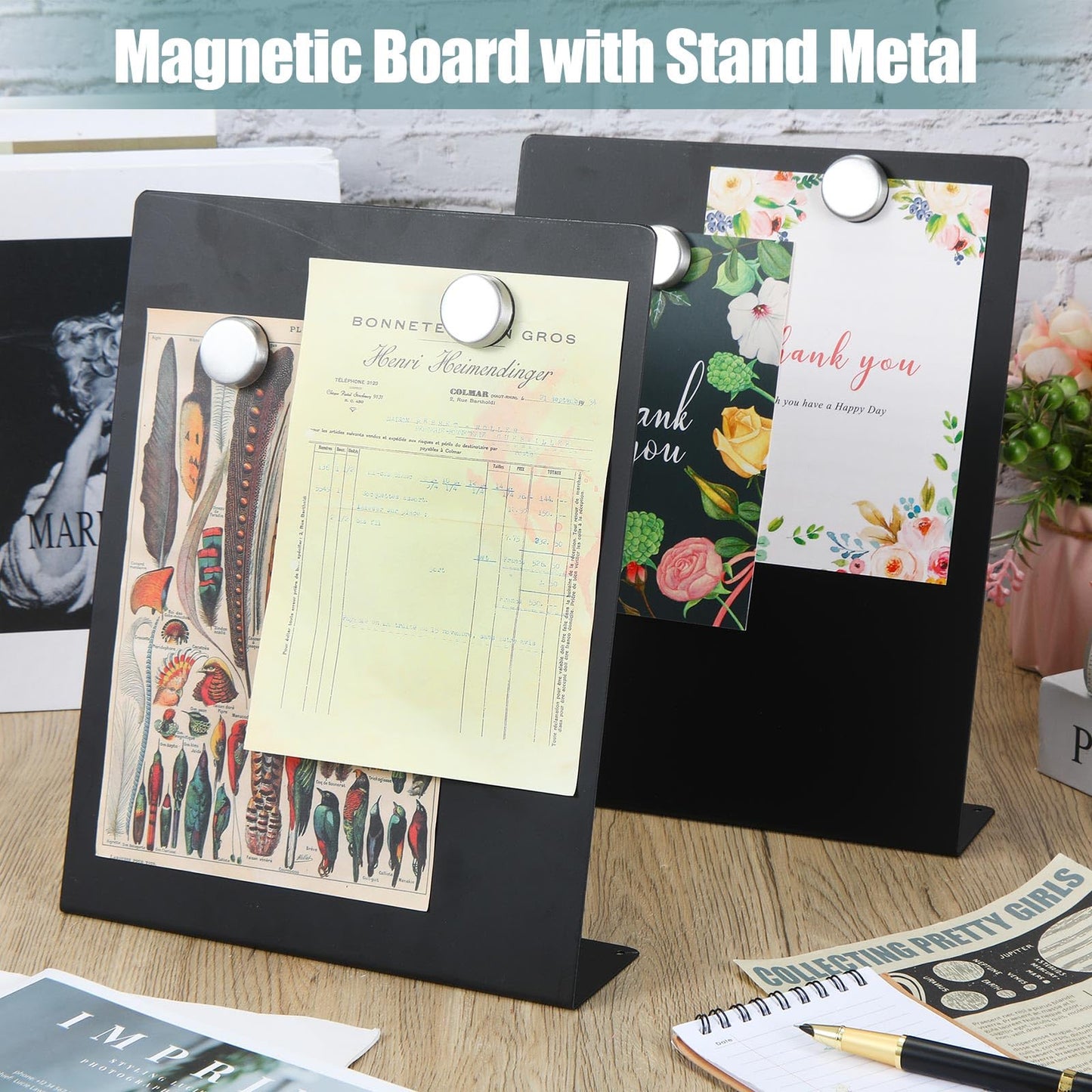 Fainne Magnetic Bulletin Board with Easel Stand Mini Black Magnet Metal Tabletop Memo Display Board for Back to School Menu Table Home Kitchen Office Supplies(11 x 8.5 Inches,2 Pcs)