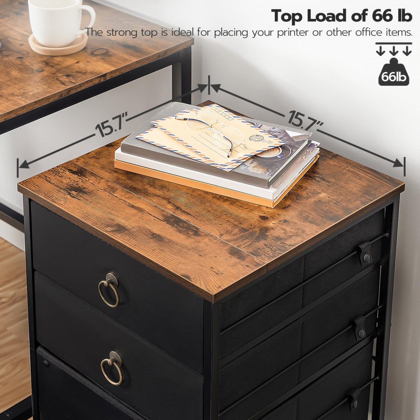 HOOBRO Mobile File Cabinet, Rolling Printer Stand with 3 Drawers, Office Cabinet, Fabric Vertical Filing Cabinet fits A4 or Letter Size for Home Office, Black and Rustic Brown BFK30WJ01