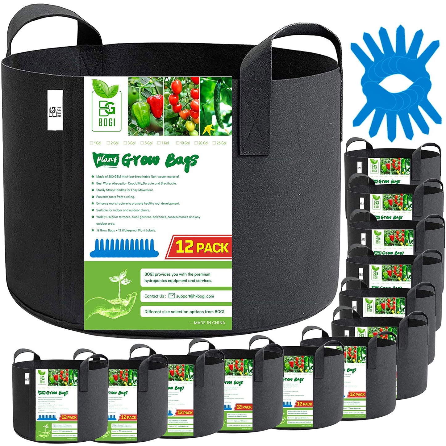 BOGI Grow Bags 12 Pack 10 Gallon Grow Bags Heavy Duty Thickened Nonwoven Grow Bag with Durable Habdles Fabric Pot for Vegetable Flower Potato Garlic Indoor Outdoor Plants + 12 Waterproof Plant Labels