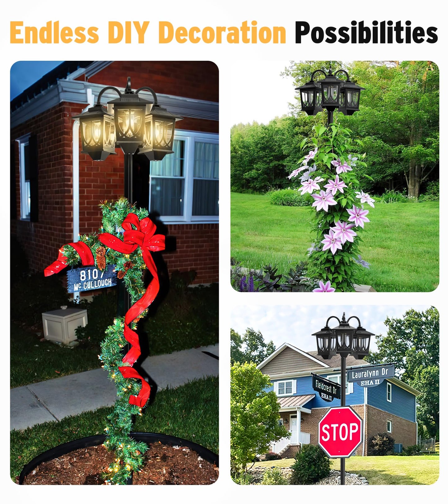 73" Aluminum Solar Lamp Post Light, 3-Head Solar Light Posts for Outside Waterproof, 90Lm Outdoor Lamps for Patio, Backyard, Front Porch Decor, Warm White, Replaceable Bulb