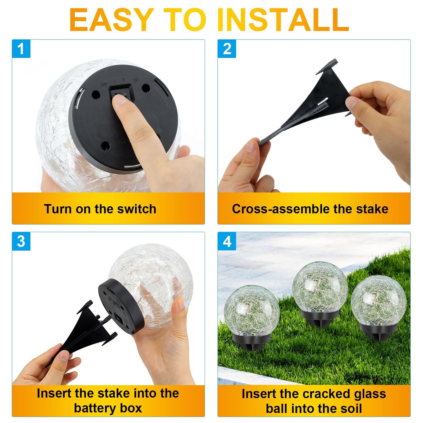 YWYWLED Solar Garden Lights - Two Lighting Modes 4.7’’ Cracked Glass Solar Lights, 30 LEDs Solar Lights for Outside Garden Patio, Porch, Lawn, Yard Decorative (Warm White, 4 Globes)