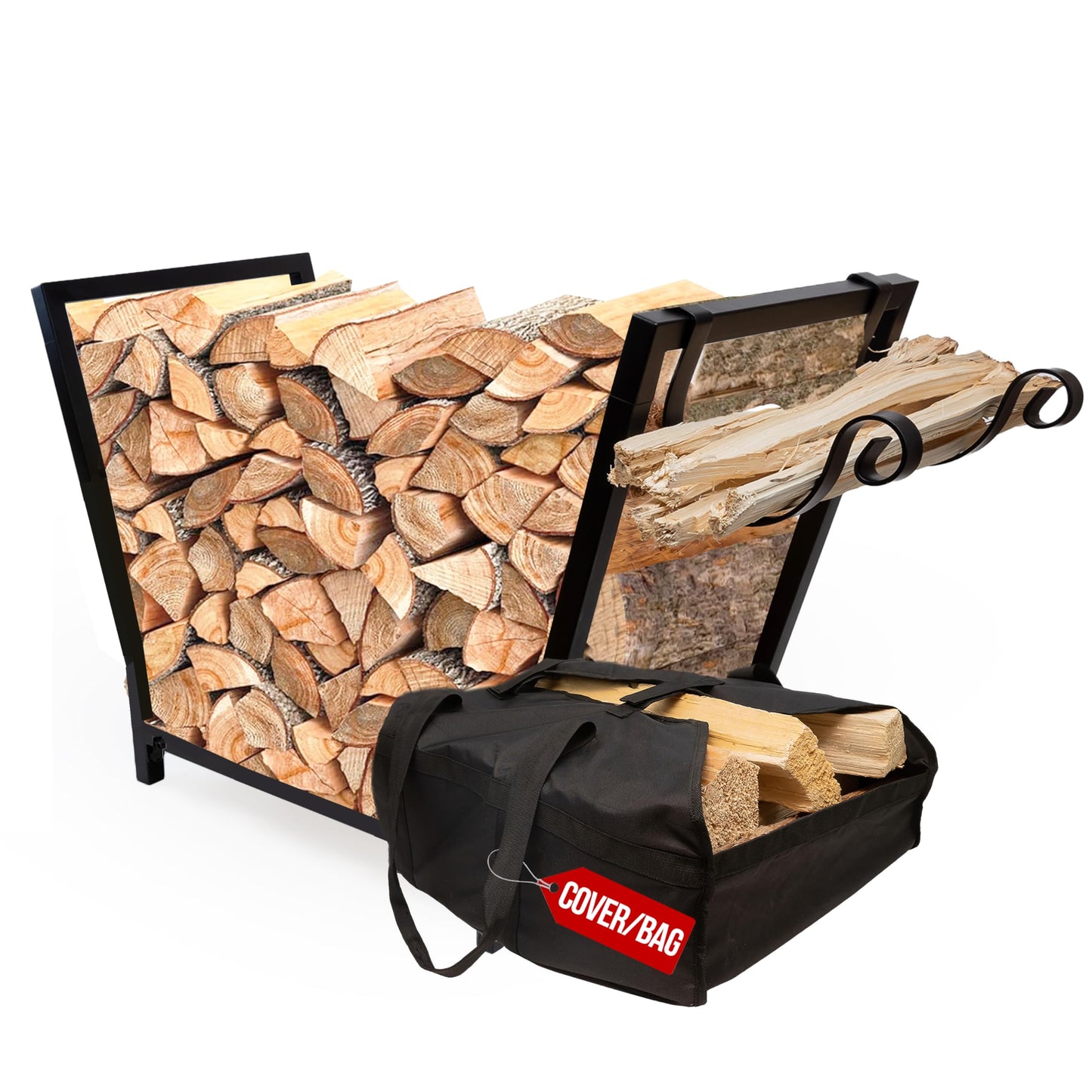 25.6 Inch Firewood rack with Hooks (Black with cover)