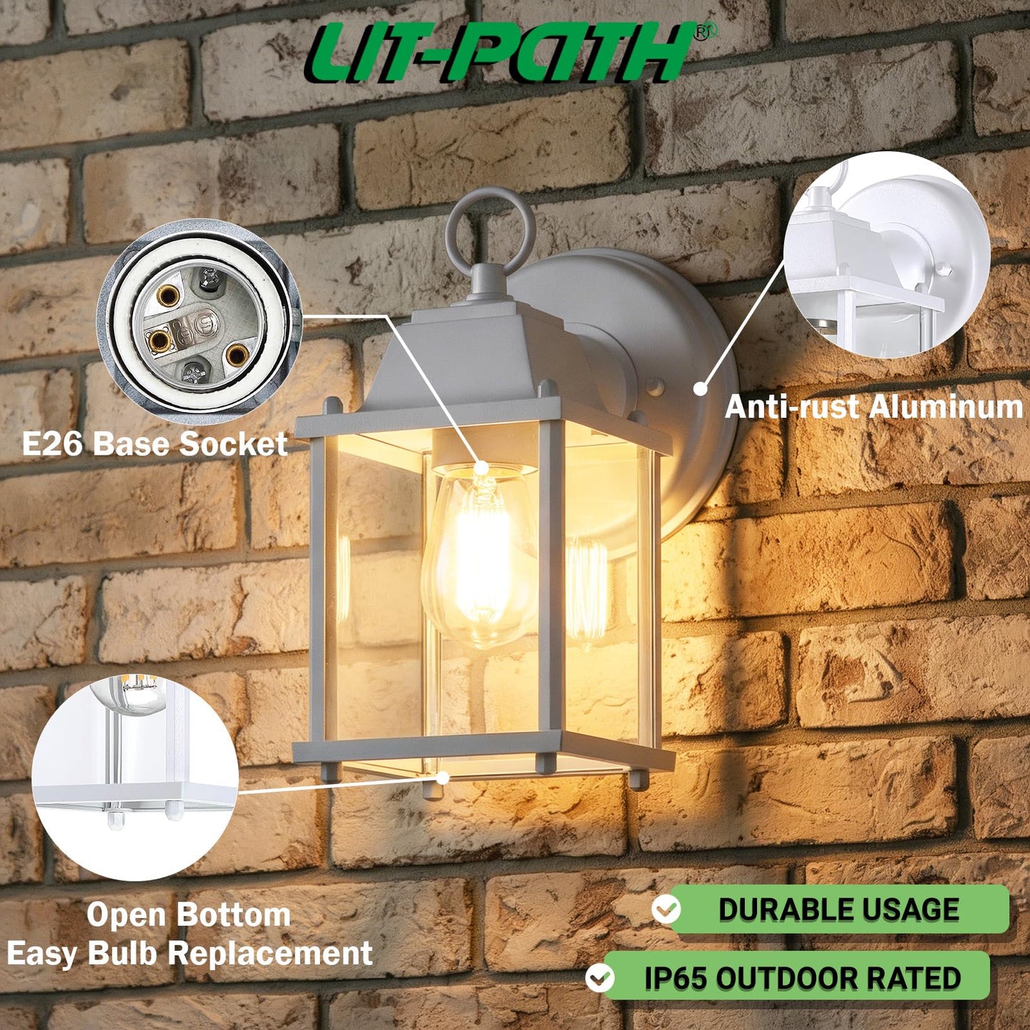 LIT-Path Outdoor Wall Lantern, Wall Sconce as Porch Lighting Fixture, E26 Base, Aluminum Housing Plus Glass, Water-Proof and Outdoor Rated, ETL Qualified, 2-Pack, White