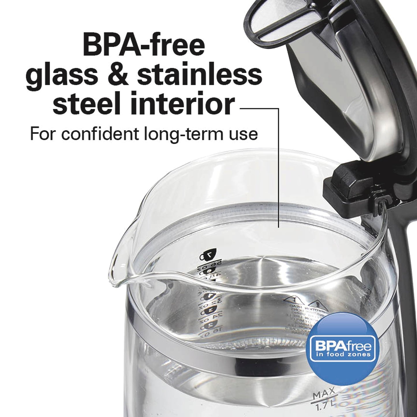 Hamilton Beach Double Wall Glass Electric Kettle, 1.7 L, 1500W, Color-Changing LED, Keeps Water Warm Longer, Cordless, Auto Shutoff & Boil-Dry Protection (40850)