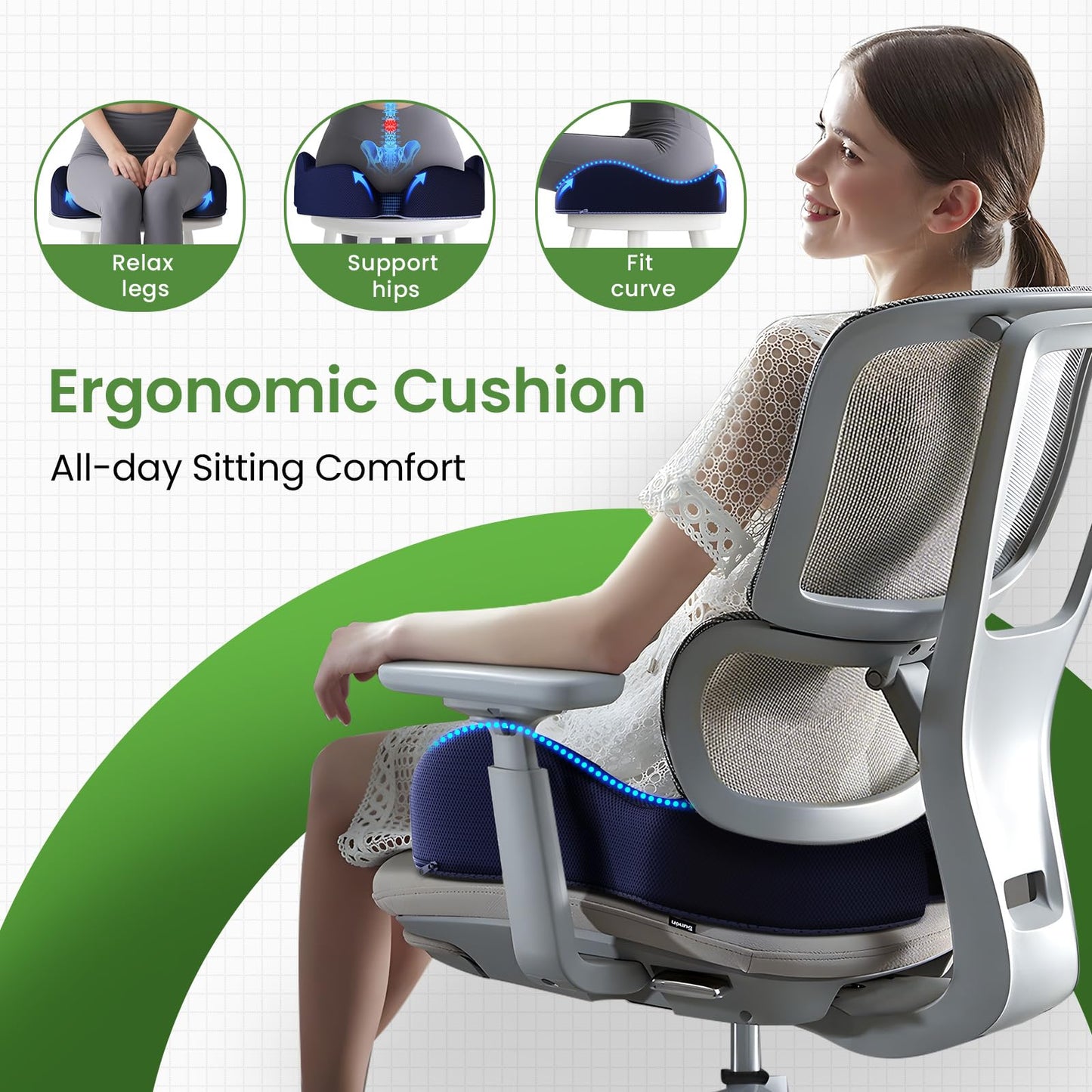 A-PCE Ergonomic Seat Cushion -Large Memory Foam Cushion for Office Chair- Sciatica & Lower Back & Coccyx Pain Relief - Car Seat Cushions for Driving Seat Cushion, Deep Blue