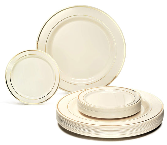 Occasions 50 Plates Pack, Heavyweight Premium Disposable Plastic Plates Set (25 x 10.5'' Dinner + 25 x 6.25'' Cake Plates) Ivory & Gold Rim
