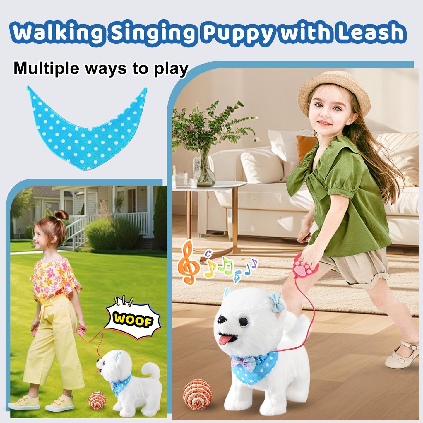 Ylpaprm Samoyed Walking Barking Toy Dog Puppy Toy for Girl Licking Doggy with Leash, Electric Talking Singing Tail Wag Plush DIY Pretend Dress Up Interactive Dog Toddler Kid