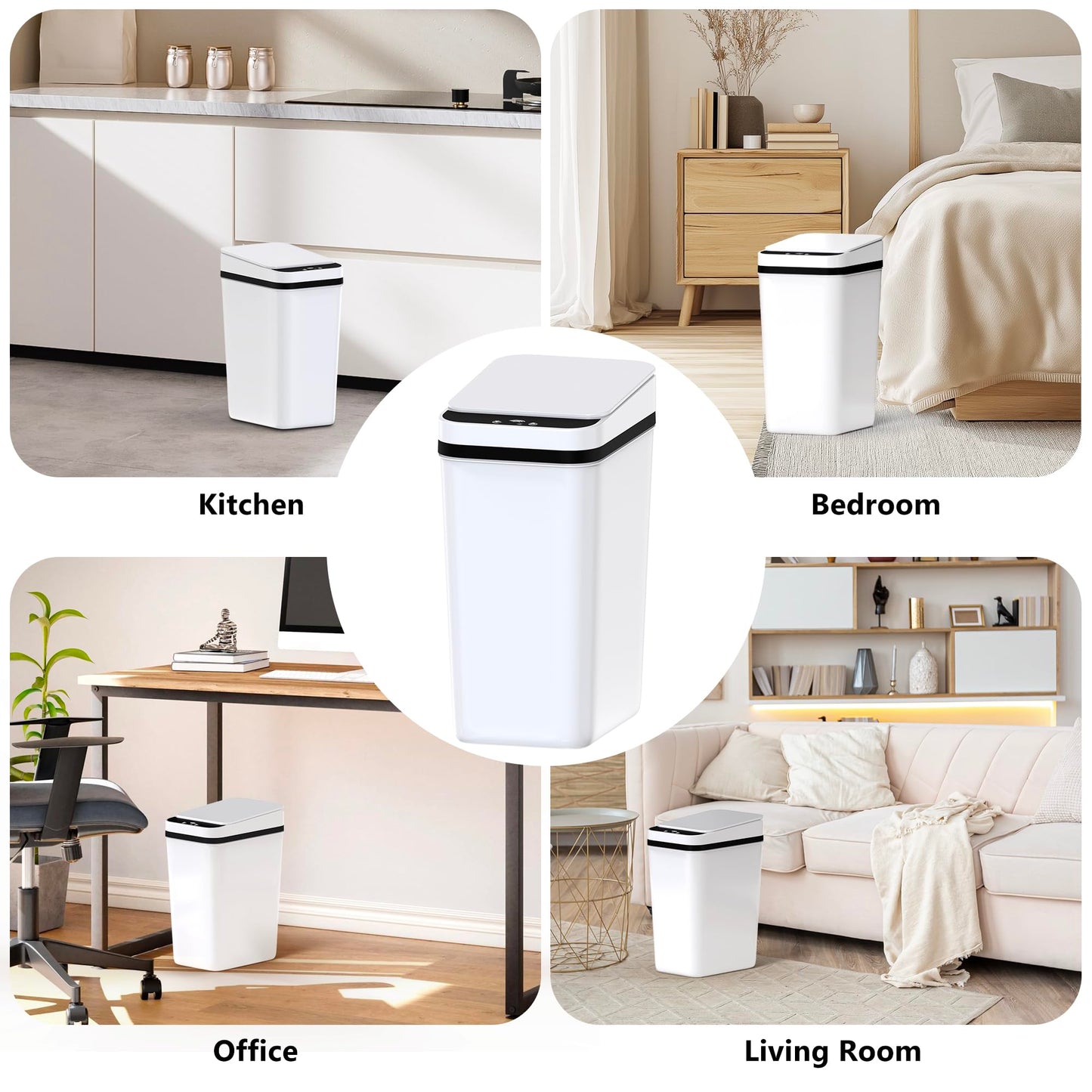 3 Pack Bathroom Trash Can with Lid Touchless Automatic Garbage Can, 2.6 Gallon Slim Waterproof Motion Sensor Smart Trash Can, Small Plastic Trash Bin for Bedroom, Office, Living Room - White
