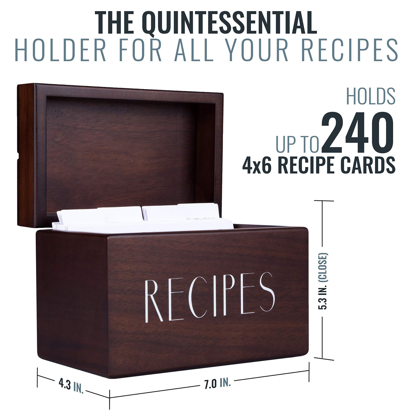 Recipe Box with Cards and Dividers by Apace - Vintage Style Wood 4x6 Recipe Holder Card Box - Exclusively from the Apace Living Premier Collection - Fits 240 Cards (Walnut)