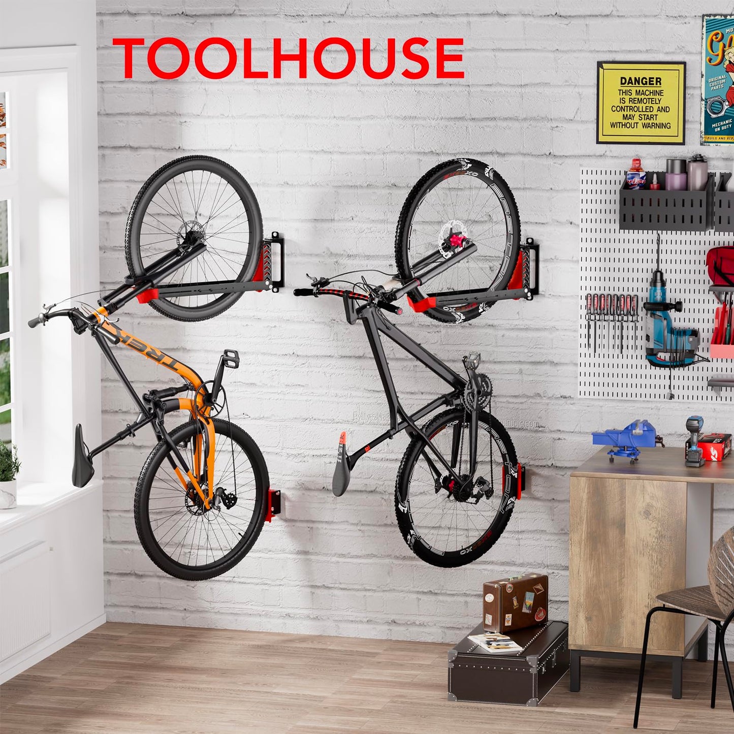 Swivel Bike Rack Wall Mount, Bike Hangers for Garage, Space-Saving Vertical Bike Holder, Holds up to 77 lbs, Bicycle Wall Hanger Storage, No Heavy Lifting Required Indoor Hanging Bike Rack-Red