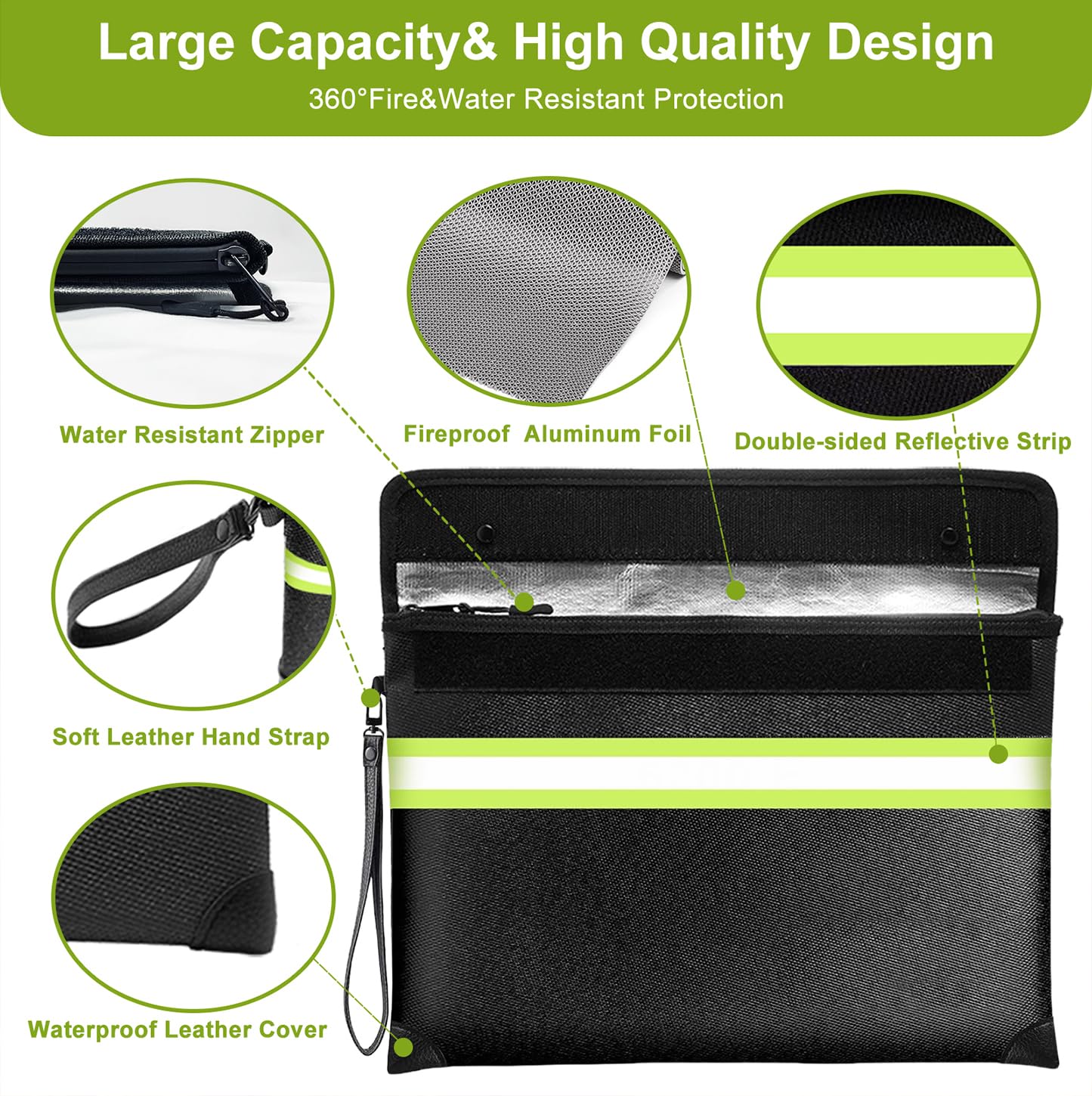 6500°F Fireproof Money Bag,Upgraded Fireproof Document Bag with Waterproof Zipper,10 Layers Heat Insulated Materials/Reflective Strip with Handle for Important Documents（11.2"x7.7"）