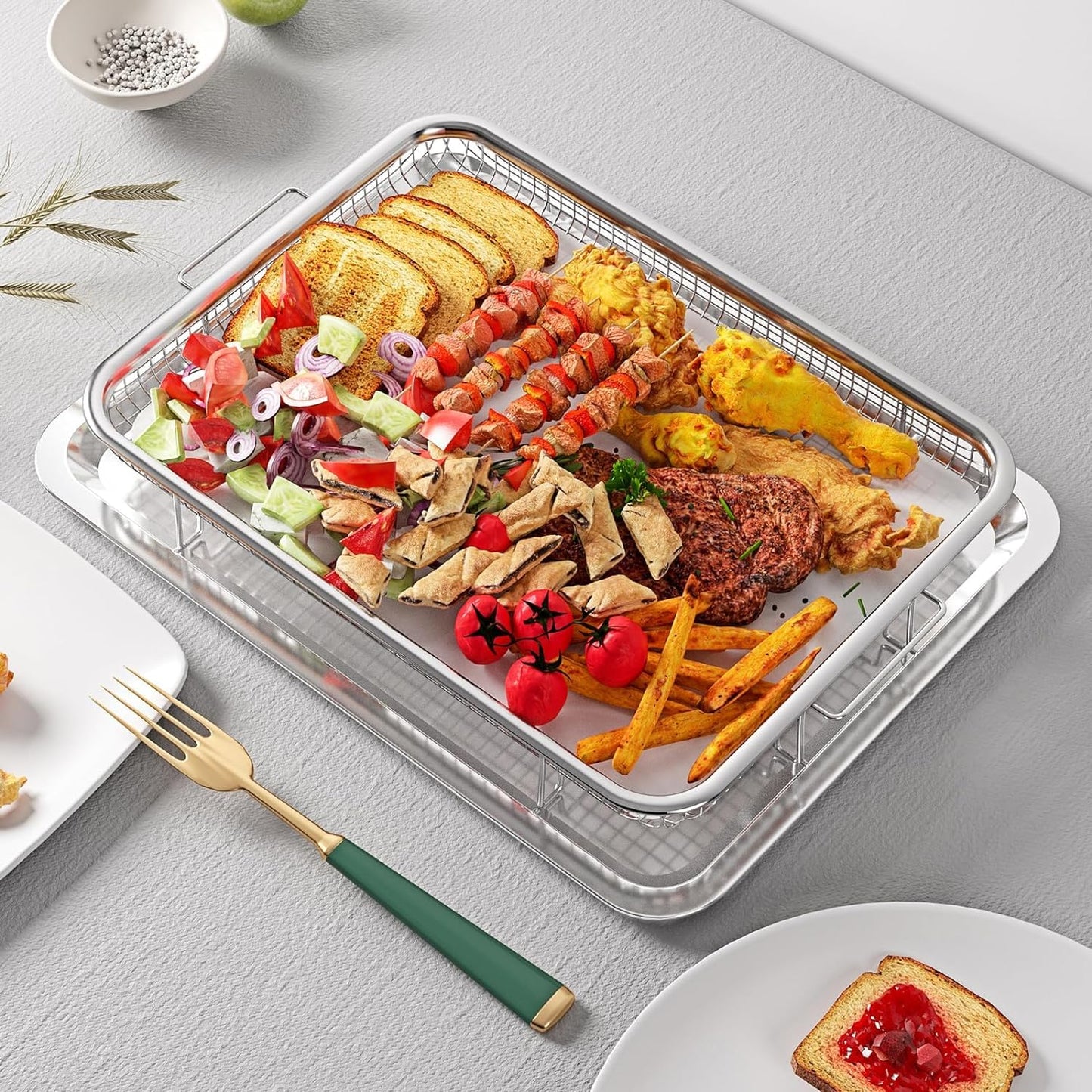 Air Fryer Basket, OPENICE 2 Set Air Fryer Basket and Tray for Oven, Stainless Steel Oven Crisper Tray and Pan for Crisping Fried, Chicken, Bacon - Large & Small