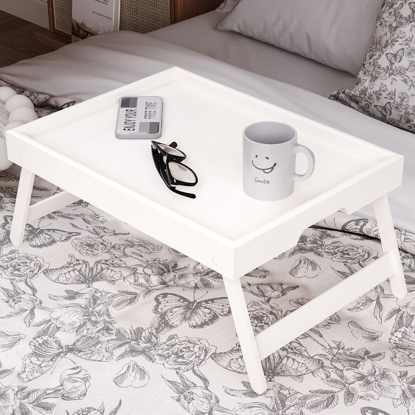 Bamboo Bed Table Tray with Foldable Legs, Large Breakfast Bed Tray with Handles for Food, Snack Small Laptop (White)