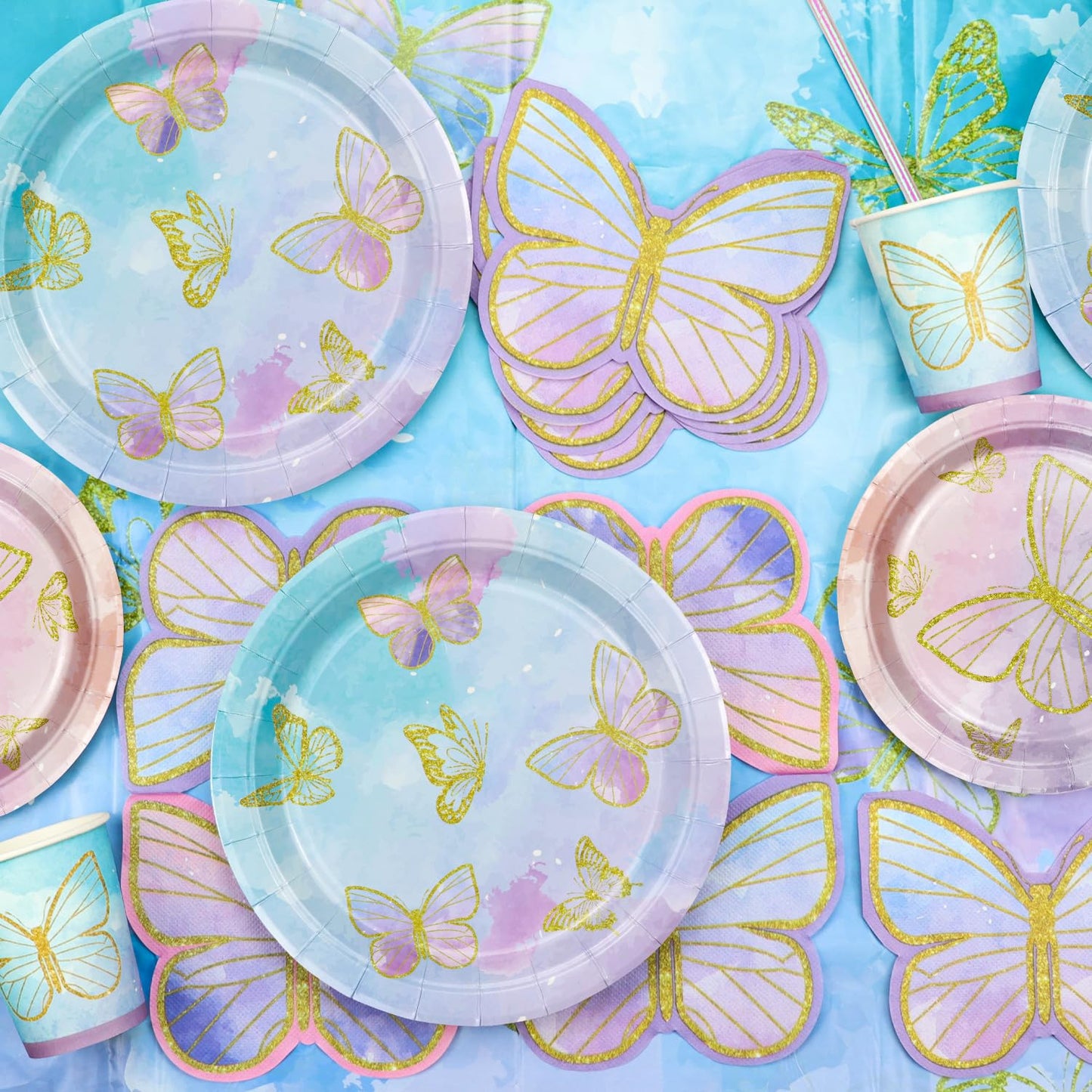 196 Pcs Butterfly Party Decorations - Including Plates, Tablecloth, Balloons, Banner, Butterfly Stickers, Cups, Fairy Wing Set for Princess Fairy Birthday Decorations, Fairy Party Supplies