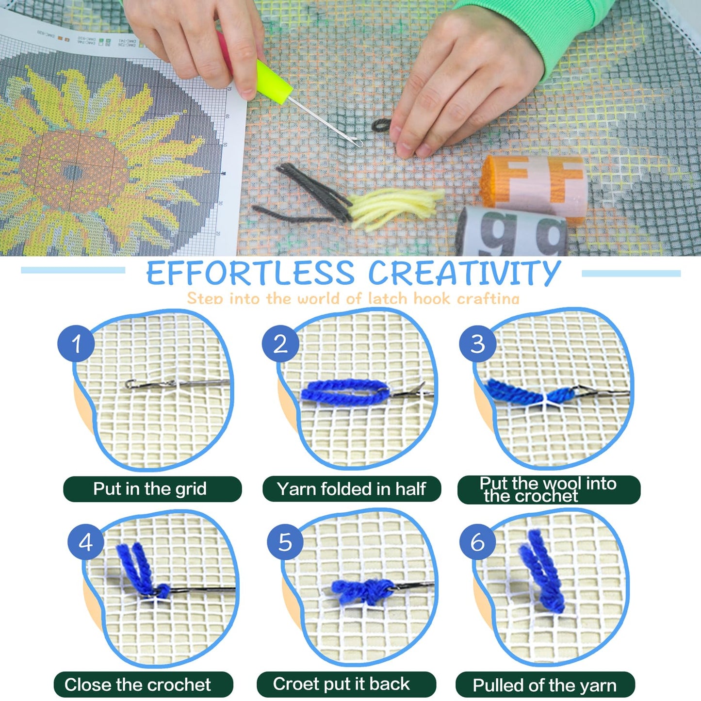 Latch Hook Rug Kit, Sunflower Pattern Printed Canvas DIY Rug Crochet Yarn Kits, Embroidery Decoration 20.4" X 20.4" (52 * 52cm)