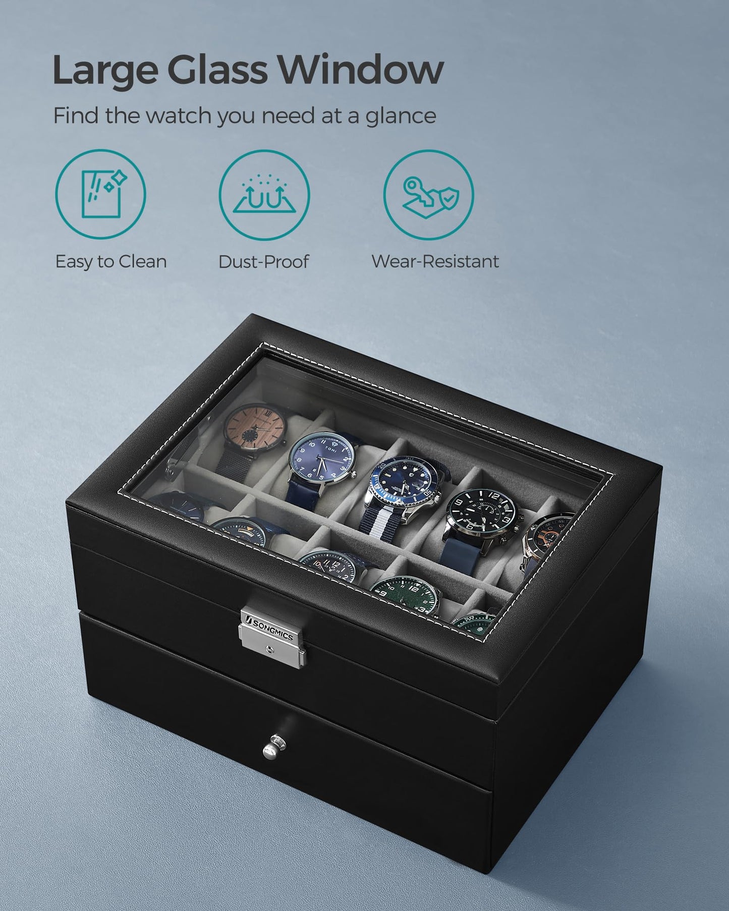 SONGMICS Watch Box, 20-Slot Watch Case Organizer with Large Glass Lid, Black Synthetic Leather, Gray Lining UJWB006V1