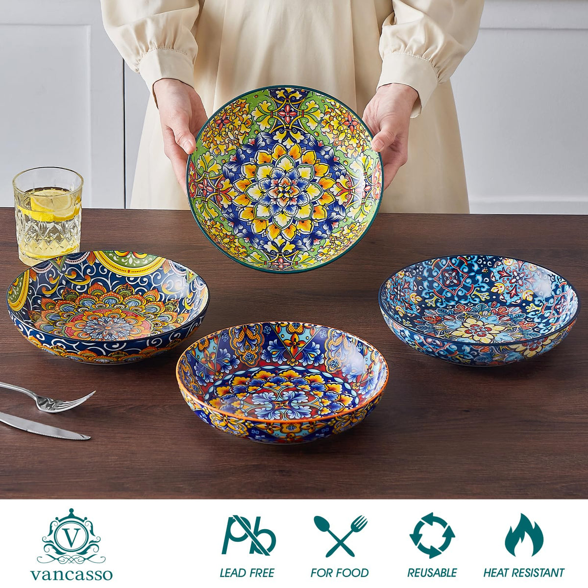 vancasso Pasta Bowls, Ceramic Salad Bowls of 4,Large Corlorful Serving Bowls for Kitchen, Dishwasher & Microwave Safe Soup Bowls, Pasta Plates