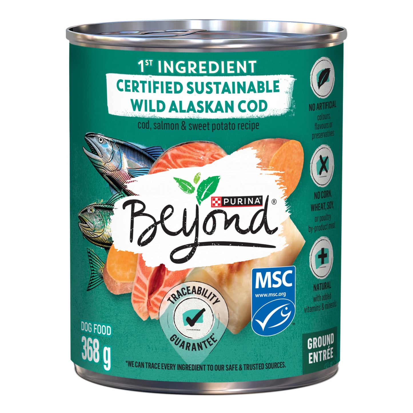 Beyond Natural Wet Dog Food, Alaskan Cod, Salmon & Sweet Potato Ground Entree - 368 g Can (12 Pack)
