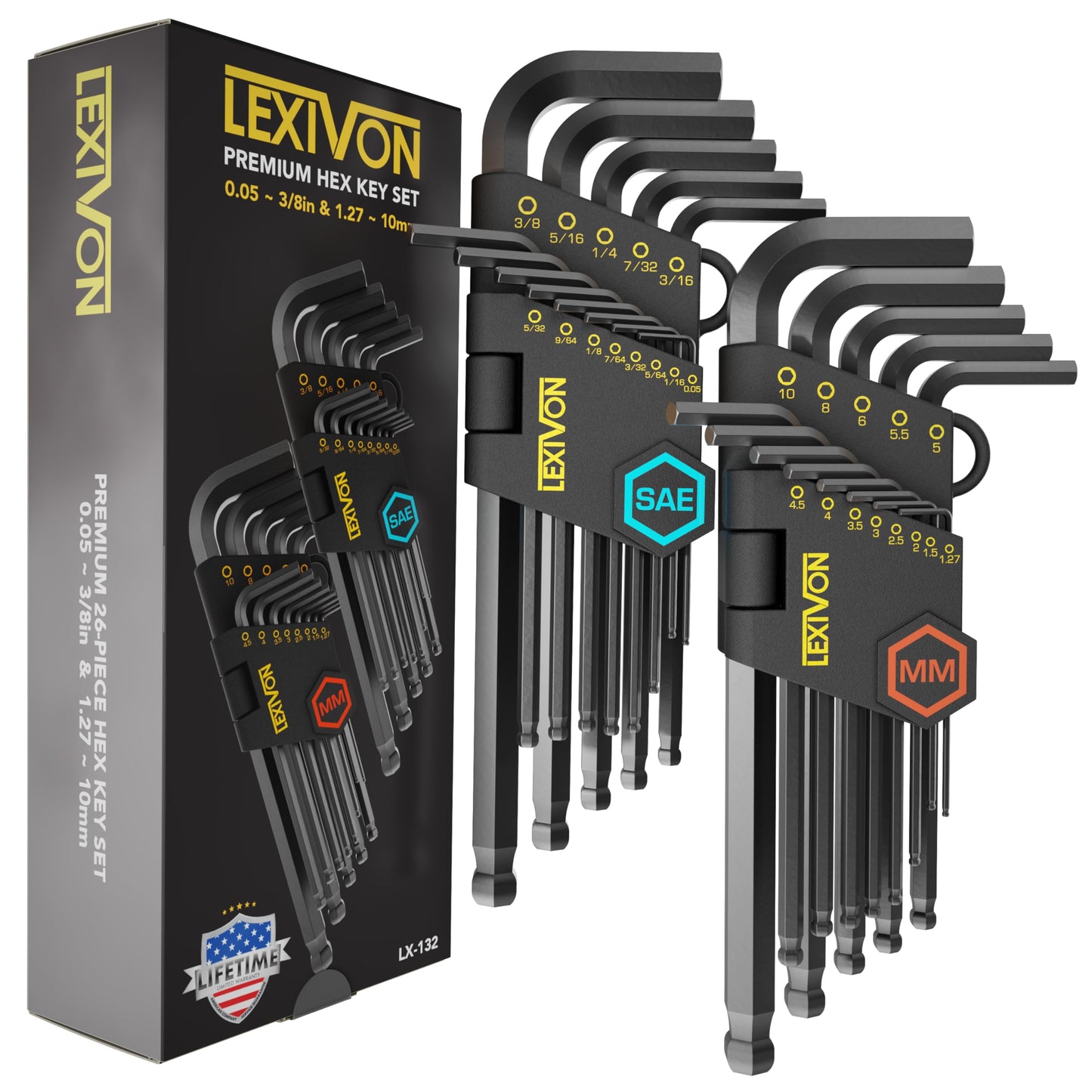 LEXIVON Allen Wrenches Sets, 26-Piece Premium Metric & SAE Hex Keys, L-Shaped Long Arm Ball End Design, Industrial-Grade S2 Alloy Steel (LX-132)