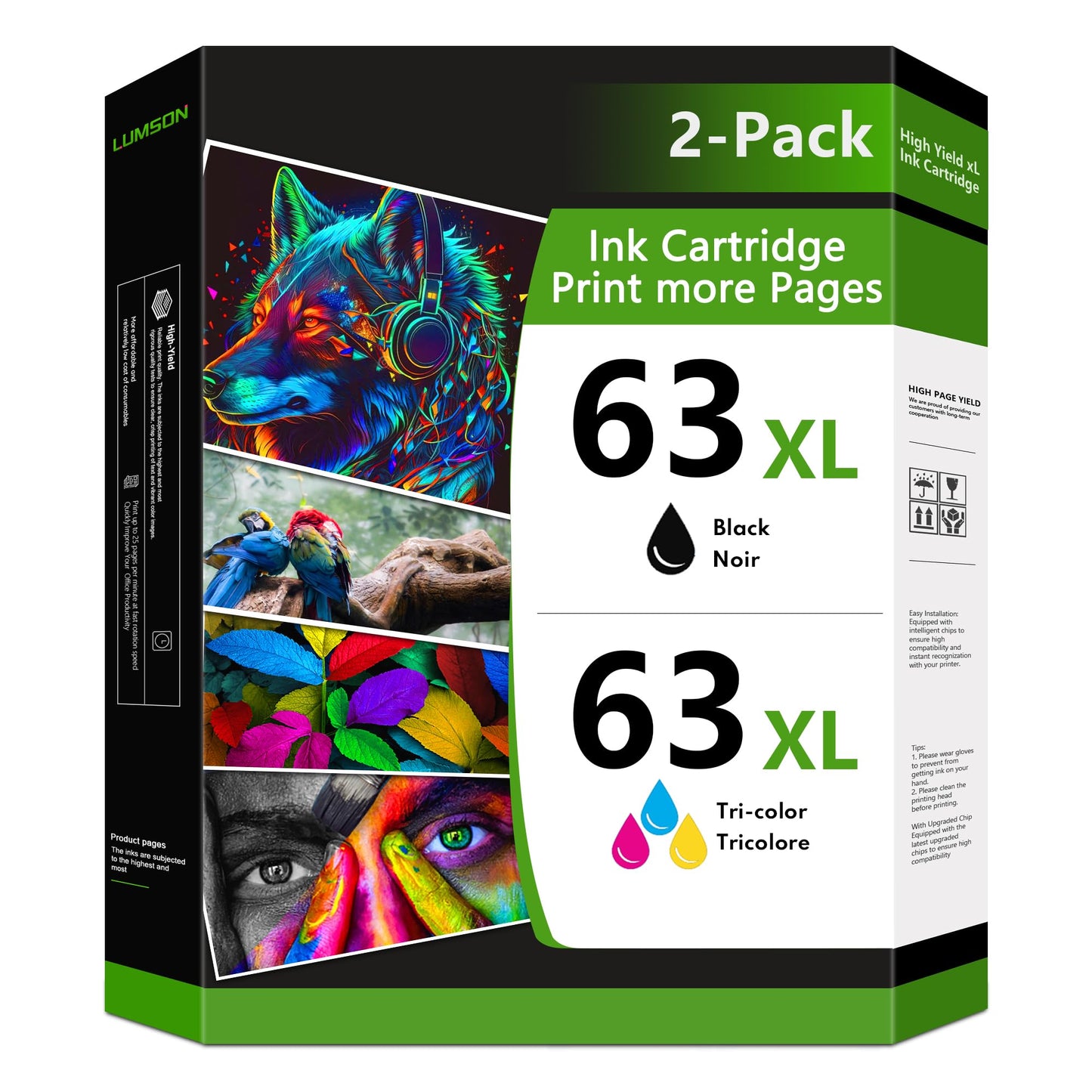 63XL Ink Cartridges 2-Pack(Black/Tri-Color) Replacement for HP 63XL Ink Works for Deskjet 1110 1112 2130 2132 3630 3632 Envy 4512 4513 4516 4522 Officejet 3830 4650 4655 5255 5258 Printer