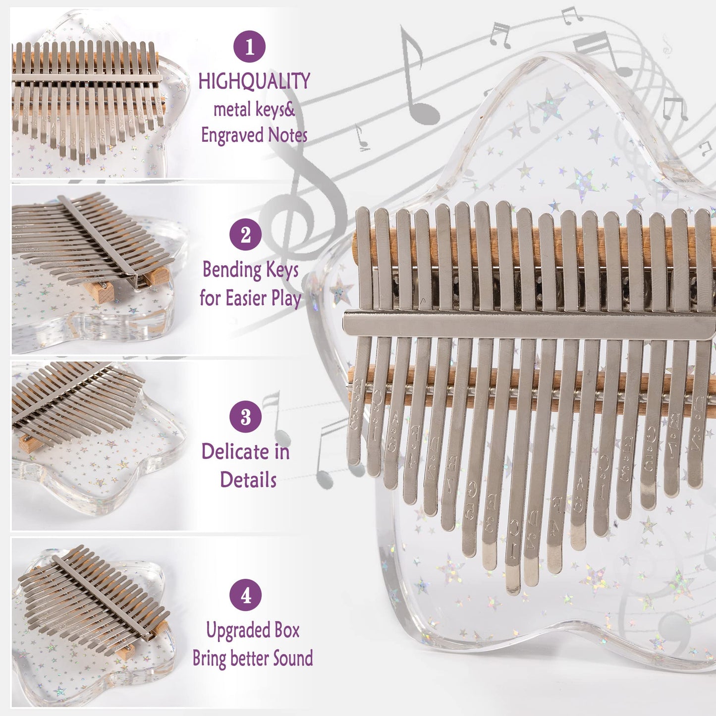 LUCKIPLUS Cute Kalimba Thumb Piano 17 Keys-Star Crystal Acrylic Finger Piano-Portable Mbira Musical Instruments Cute Christmas Gift with Tune Hammer and Study Instruction for Adults Beginners