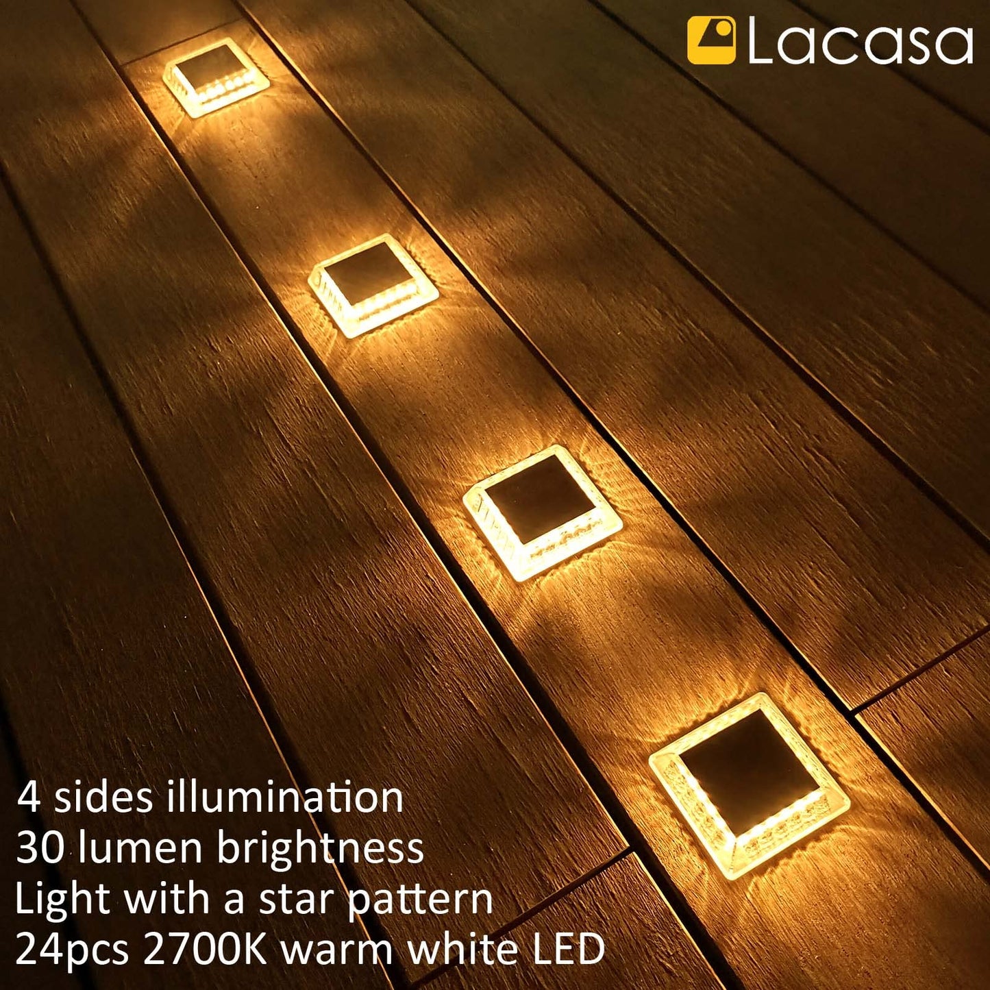 Lacasa Solar Deck Lights, 4 Pack 30LM LED Dock Lights Warm White 2700K, Outdoor Solar Powered Step Lights Light up All Night IP68 Waterproof Auto ON/Off for Garden Stairs Driveway Pathway Lighting
