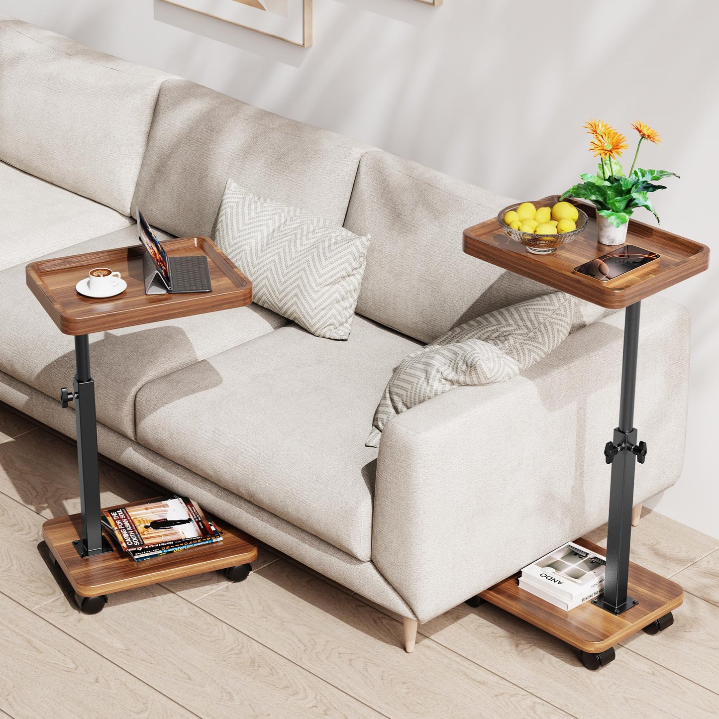 C Table End Table Adjustable Height, 360°Swivel TV Tray Table for Small Spaces, Couch Tables that Slide Under (Walnut-Height Djustable)