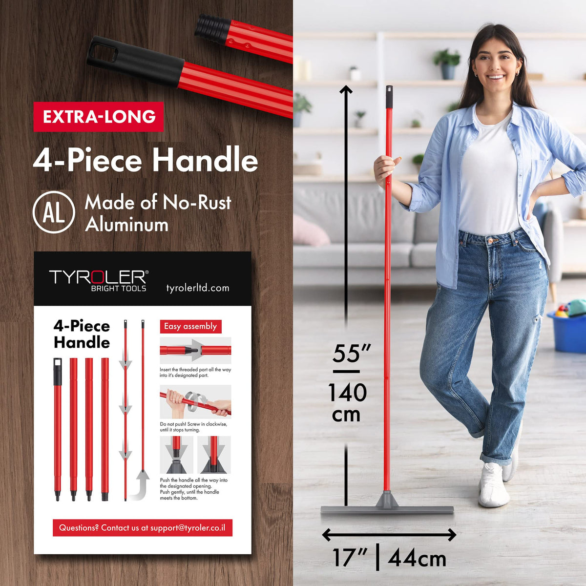 Tyroler Push & Pull Floor Squeegee Heavy Duty | 100% Silicone Squeegee Broom 44CM Head | Aluminum Anti-Rust 4-Piece Handle | Multi-Surface, Hardwood, Marble, Tile, Garage, Indoor/Outdoor Floor Wiper