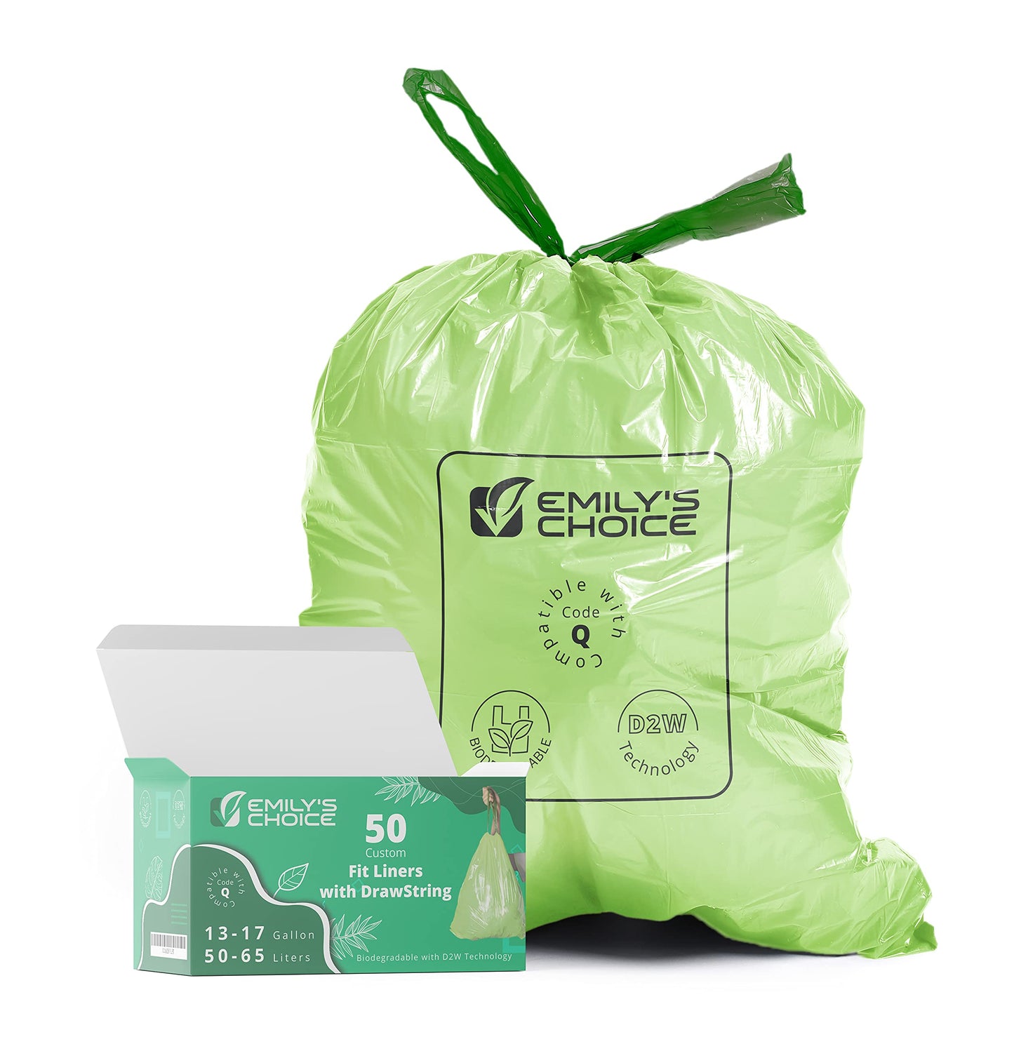 Emily's Choice Heavy Duty Biodegradable Tall Kitchen Trash Bag (50 count) with D2W Technology, Custom Fit compatible with Simplehuman Code Q trash bins, 50-65L / 13-17 Gallons, ATSM 6954,1.2 Mil / 30