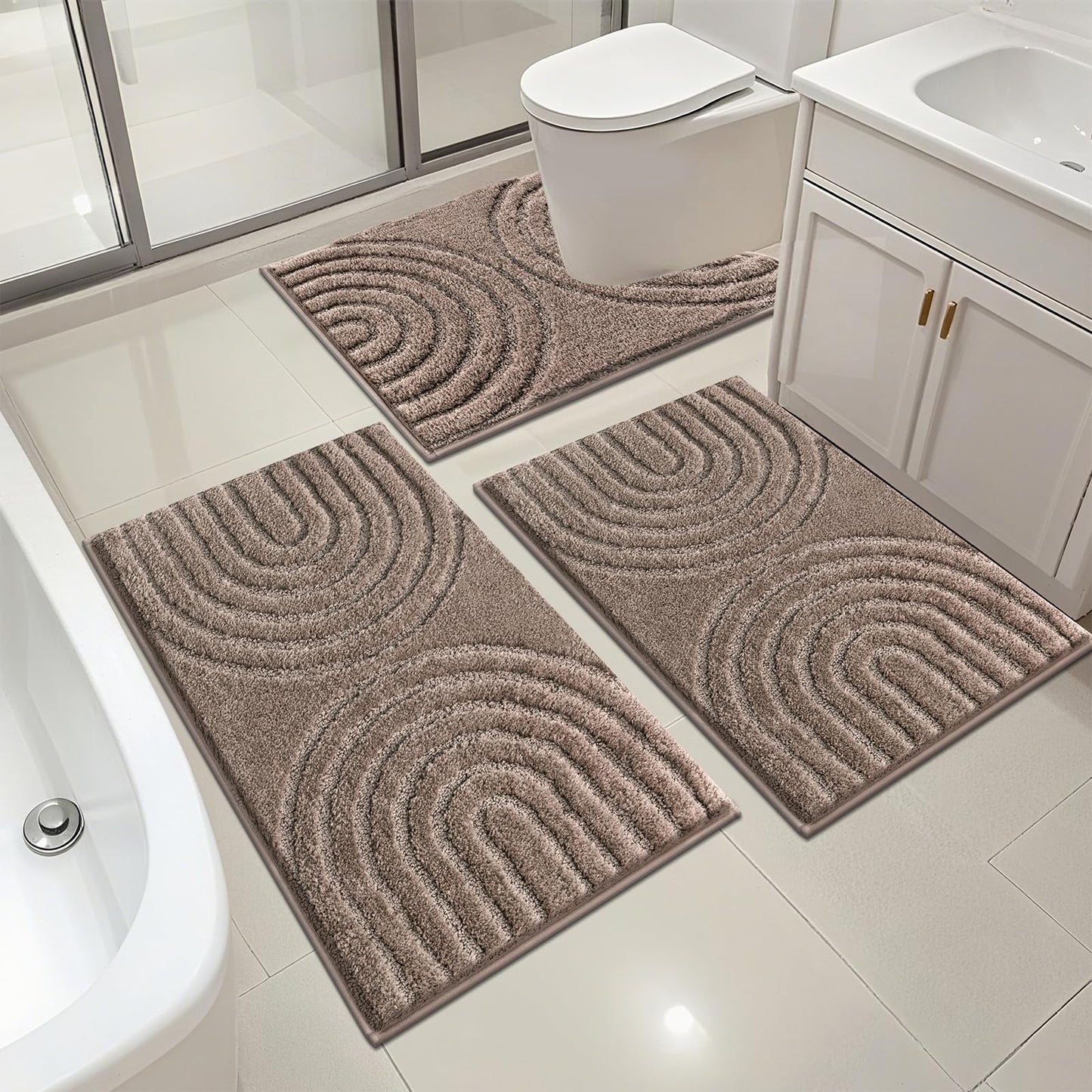 HEBE Microfiber Bath Mat Set 3 Piece, Ultra Absorbent Bathroom Mat, Non-Slip Plush Shaggy Bathroom Rug, Machine Washable Bath Mats for Bathroom Floor, Tub and Shower, Coffee