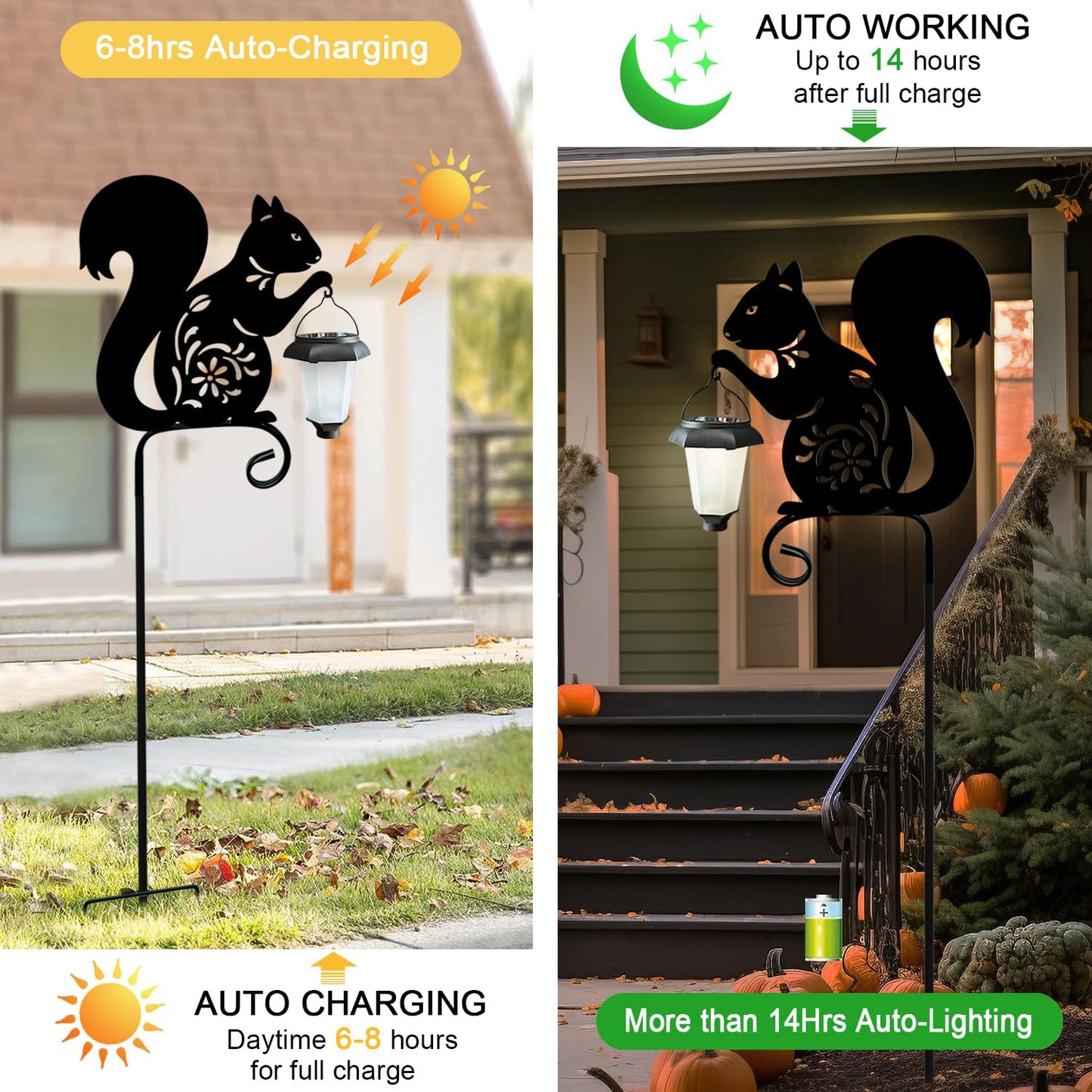 Metal Squirrel Garden Stake,Hokfirm Solar Lights Outdoor Solar-Powered with Lantern-Outdoor Waterproof Pathway and Garden Decorations (Black Squirrel)