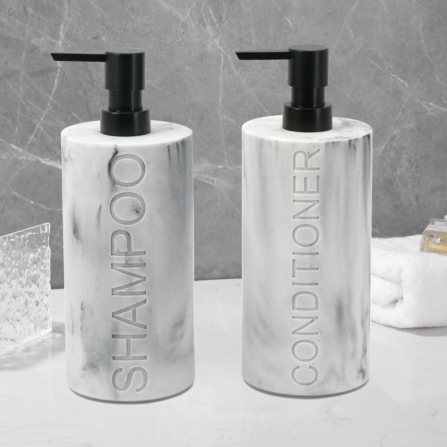Indecor Home Marble Resin 2 Piece Shampoo and Conditioner Dispenser Set, Luxurious Refillable Pump Bottles with Matte Pump Top and Embossed Text, Durable Design for Bathroom and Shower