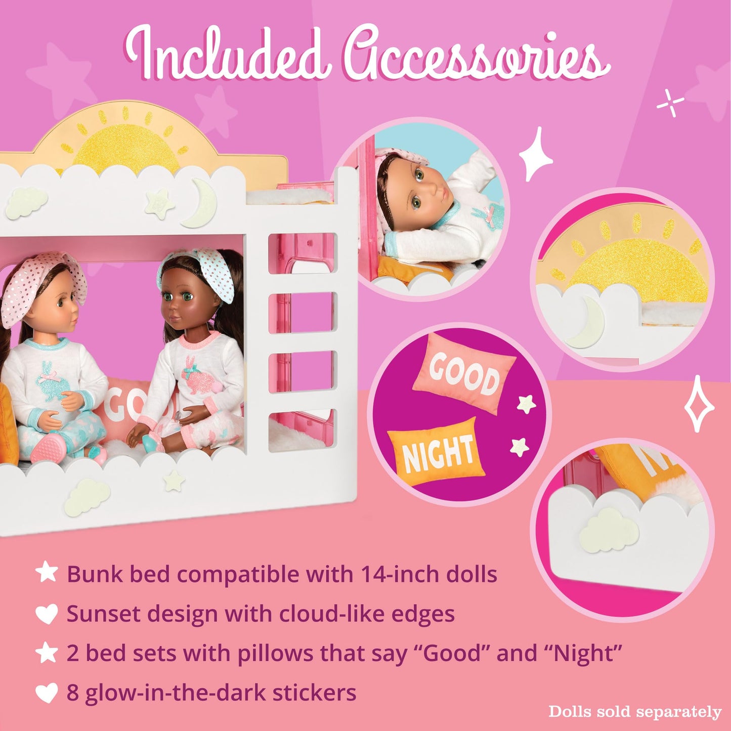 Glitter Girls – 14-Inch Doll Accessories – Comfy Clouds Bunk Bed – Doll House Furniture & Accessories – Beds, Pillows, & Blankets – Glowi in The Dark Decals – 3+ Years