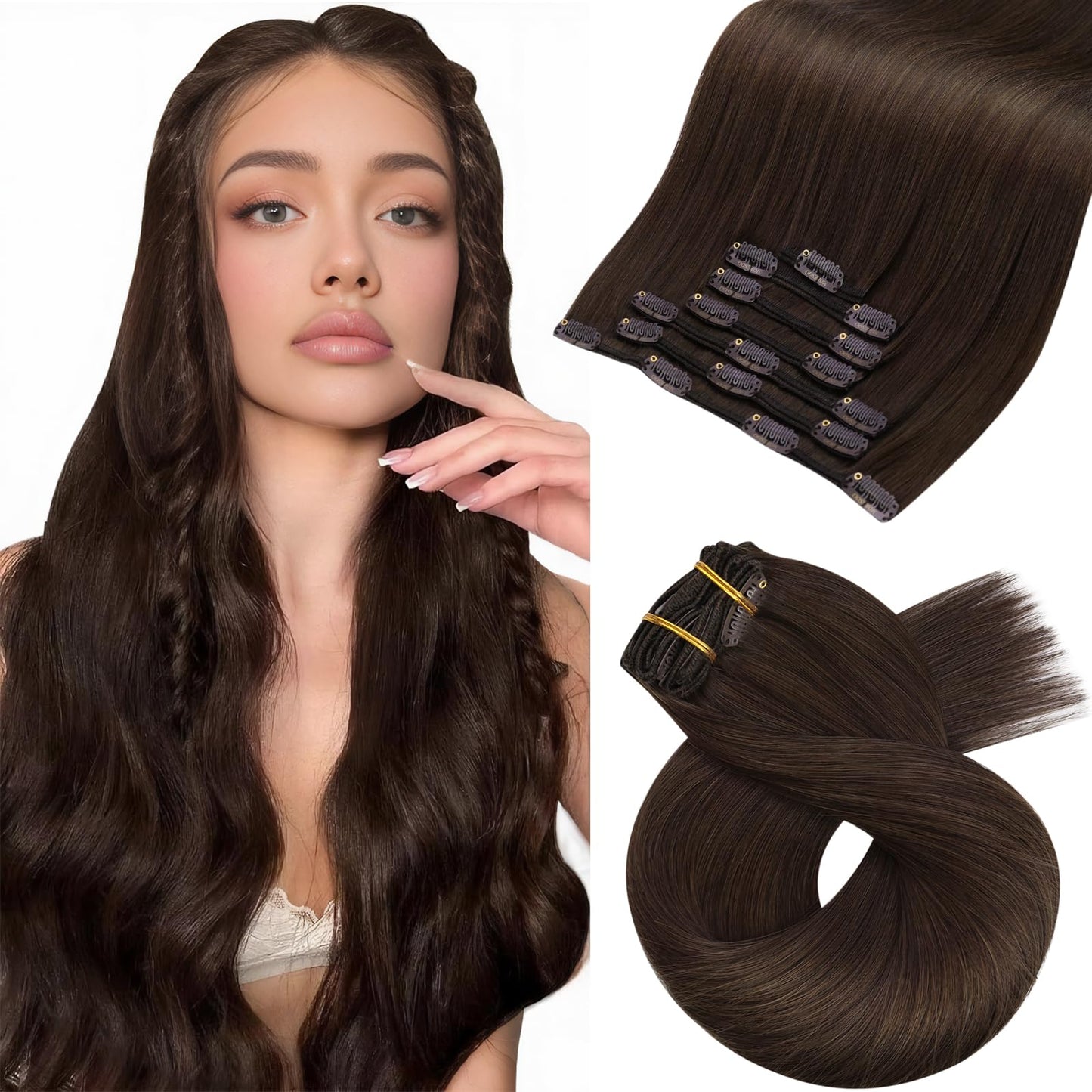 Moresoo Clip in Hair Extensions Human Hair Dark Brown Remy Hair Clip in Extensions for Women Double Weft Full Head Straight and Smooth 120G 7Pcs 18In