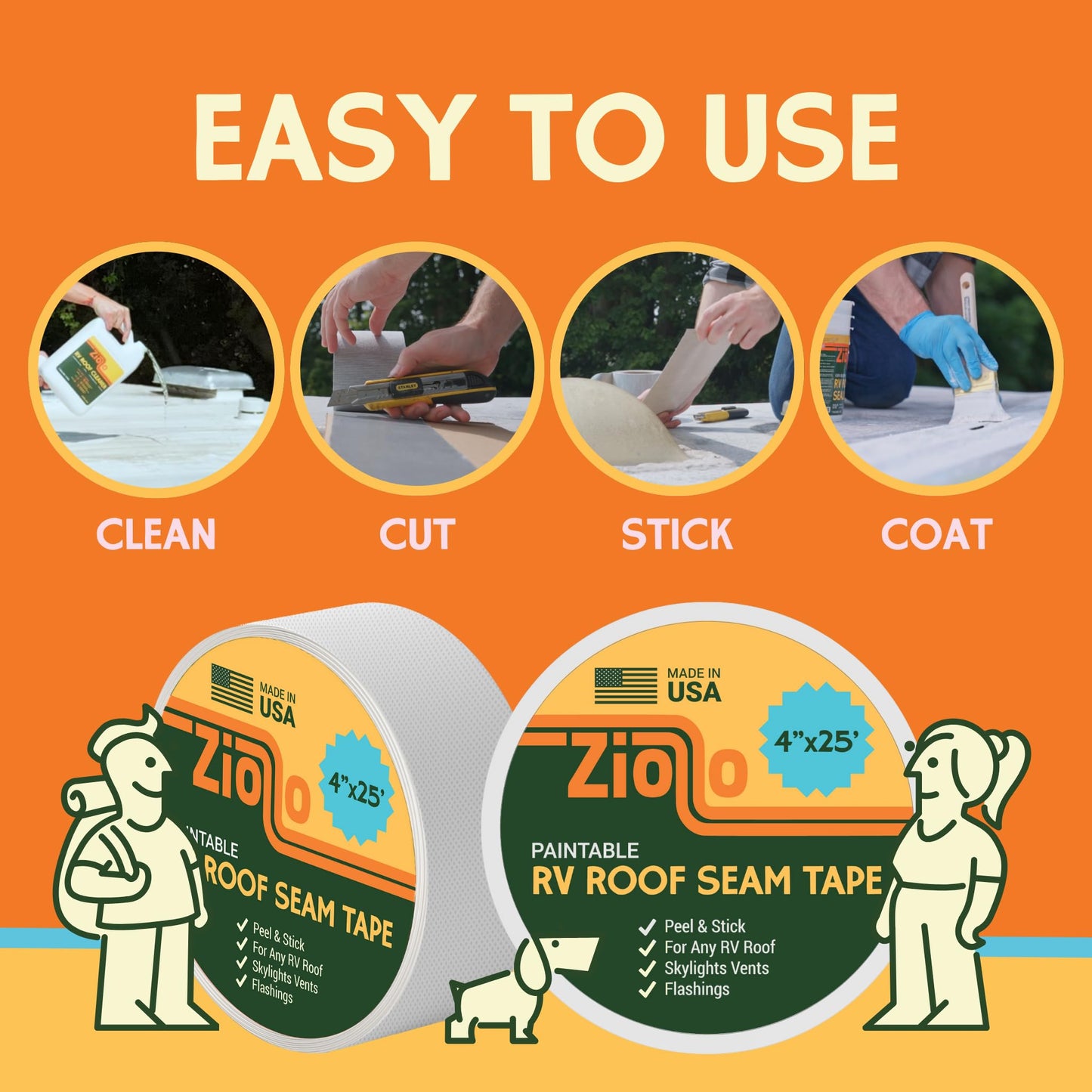 Ziollo Paintable RV Roof Seam Tape with Roller - 4" x25' Leak Repair Tape for EPDM, TPO & Fiberglass - Compatible with All Silicone & Acrylic Roof Coatings