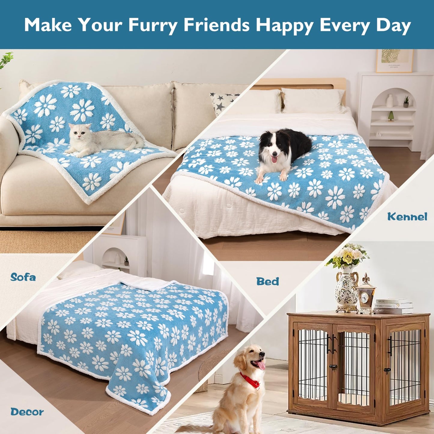 Yaning Waterproof Blanket for Dog Cat or Adult, Cute 3D Textured Flower Dog Blanket for Bed Couch Sofa, Soft Liquid Pee Proof Pet Furniture Protector, 60"x80", Blue
