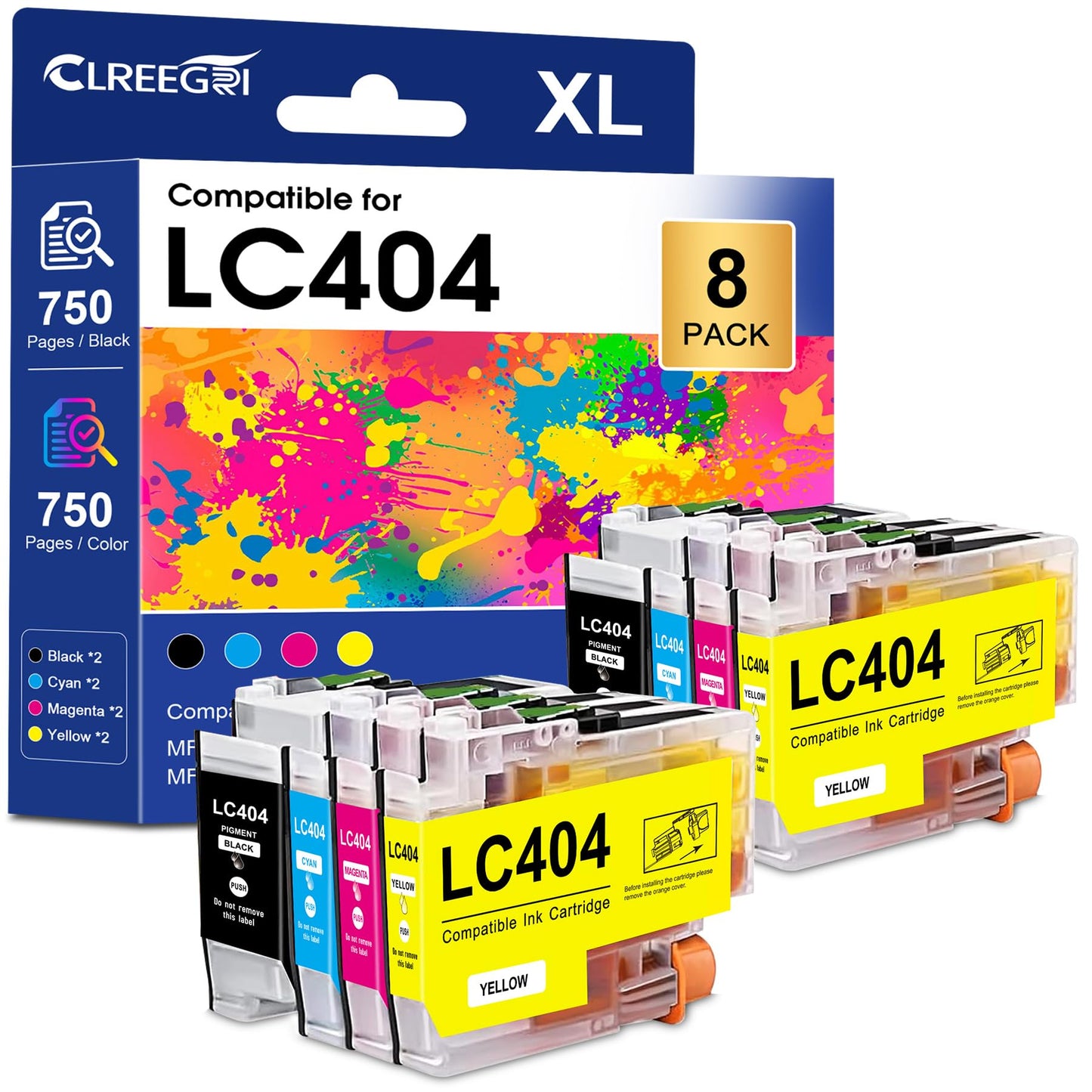 Compatible LC404 MFC-J1205W Replacement for LC404 Ink Cartridges for Brother Printer LC404 XL use for MFC-J1205W MFC-J1215W J1205WXL J1215W XL Printer (2Black, 2Cyan, 2Magenta, 2Yellow, 8 Pack)