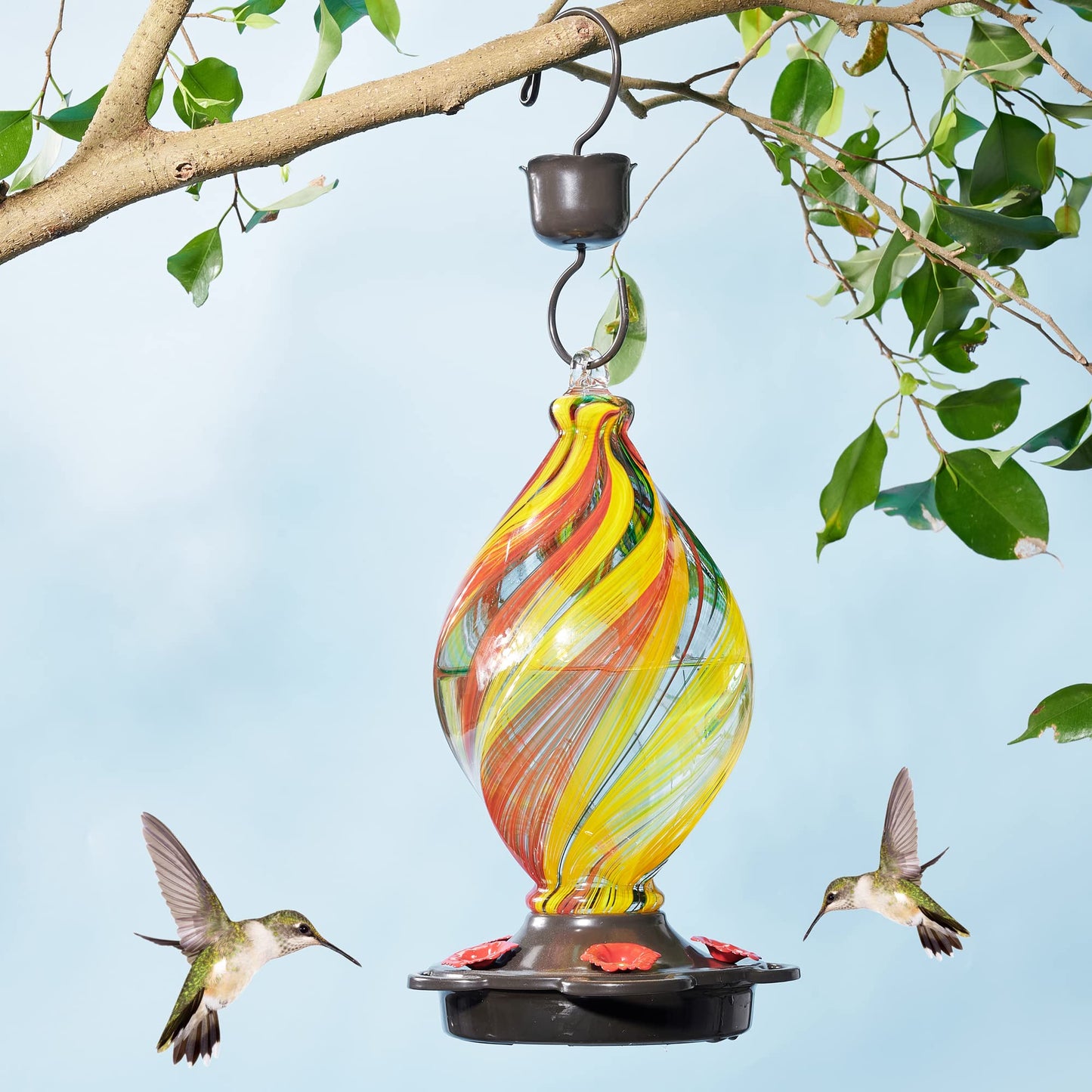 LUJII Ice Cream Shaped Spiral Hummingbird Feeder for Outdoors Hanging, Hand Blown Glass, 28 fl.oz, Leak Proof & Rustproof, Unique Garden & Backyard Decor, Gifts for Bird Lovers or Gardeners, Ribbon