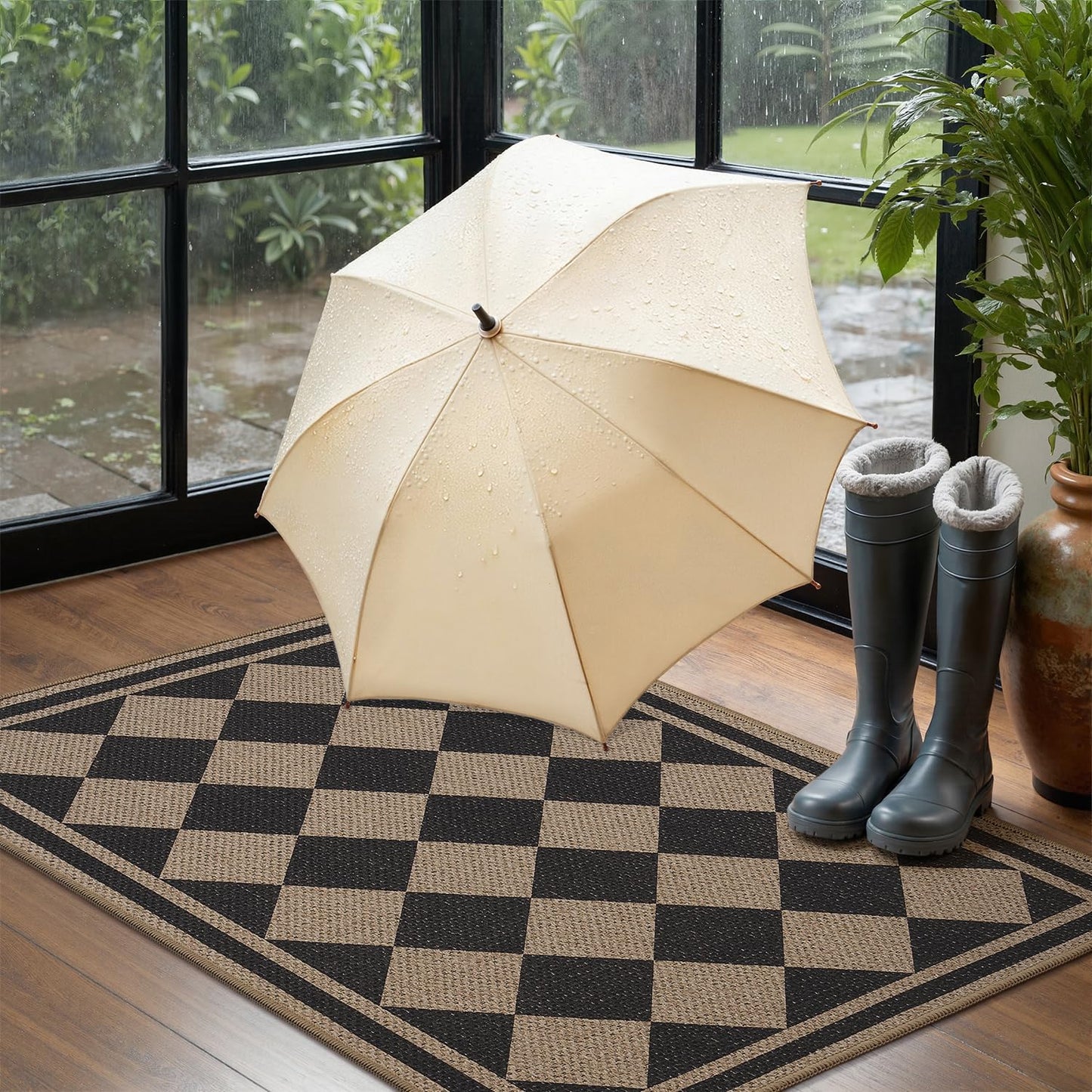 Front Door Mat Indoor Outdoor Mat for Entrance Mat Easy-Jute Entryway Mat-Mud Trapper Absorbent Low-Profile Fall Door Mats Entry Rug Checkered Black 60x90cm