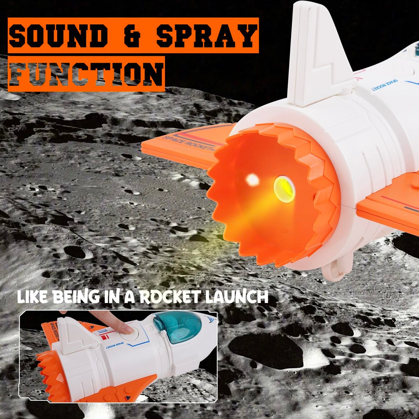 Spaceship Toy for Boys, Space Shuttle Toys with Sound, 3 Astronauts Figure, Openable Cockpit, Spray Exhaust, Venture Space Playset with Lunar car (Orange)