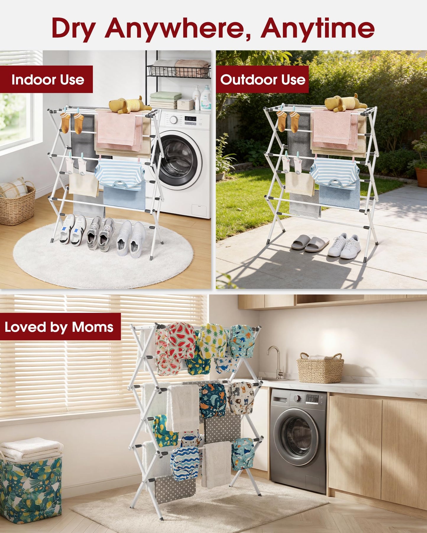 Sakugi 3 Tier Clothes Drying Rack, Foldable Clothes Drying Rack with Non-Slip Feet, Portable Laundry Drying Rack for Clothing, Indoor & Outdoor Use, 73.5 x 29 x 95 cm, White