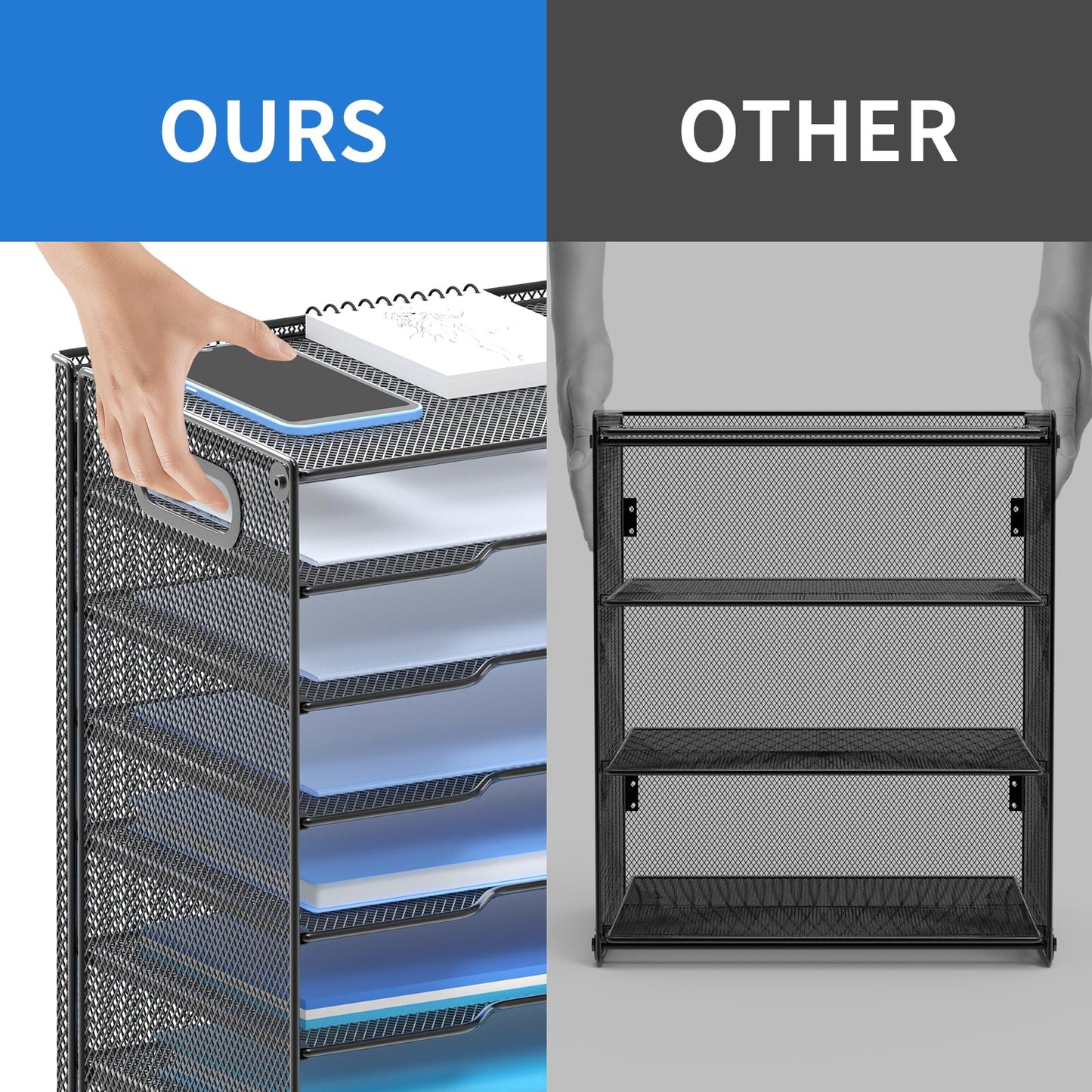8-Tier Paper Organizer Letter Tray with Handle,OutWolf Mesh Desk File Document Organizer with 8 Tier Shelves and Sorter, Black