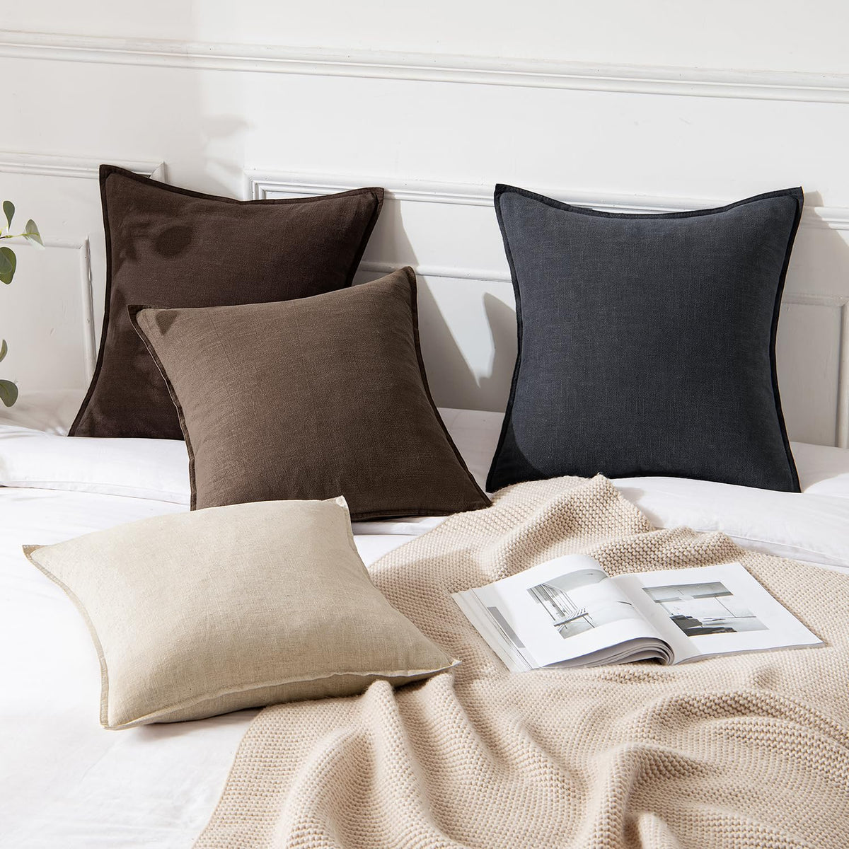 MIULEE Decorative Linen Pillow Covers 18x18 Inch Dark Brown Boho Farmhouse Neutral Couch Throw Pillows for Bed Pack of 2 Accent Pillowcase Spring Modern Sofa Cushion Livingroom Home Decor